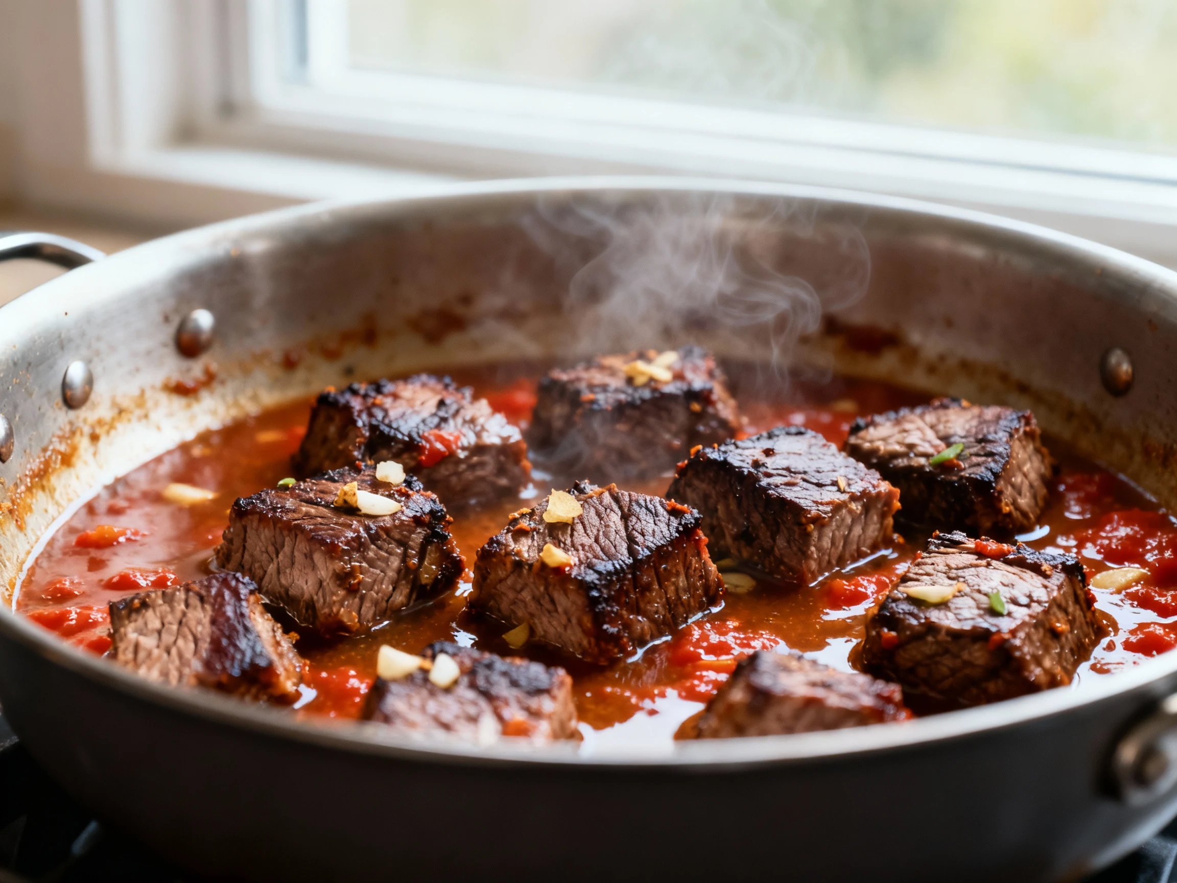 Food photography, Close-up of seared chuck roast cubes in a heavy pot as tomato paste caramelizes and deglazes with beef