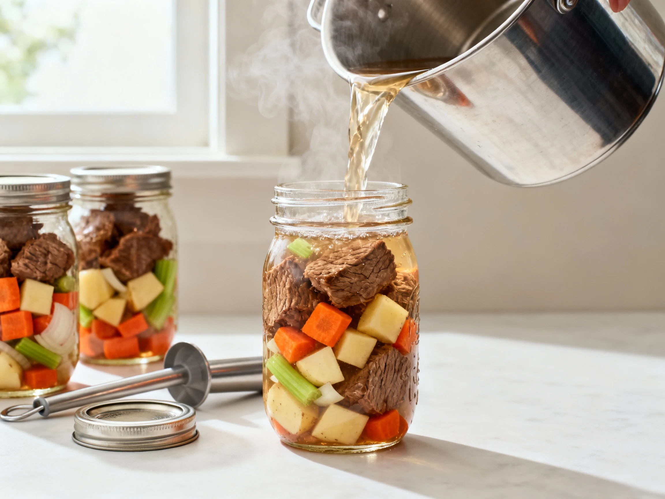 Food photography, Cooking process: 45-degree shot of hot-packed mason jar under a stainless canning funnel as clear beef