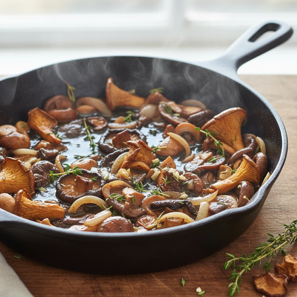 Food photography, Close-up of the mushroom–thyme filling reducing in a skillet: deeply browned cremini, shiitake, and oy