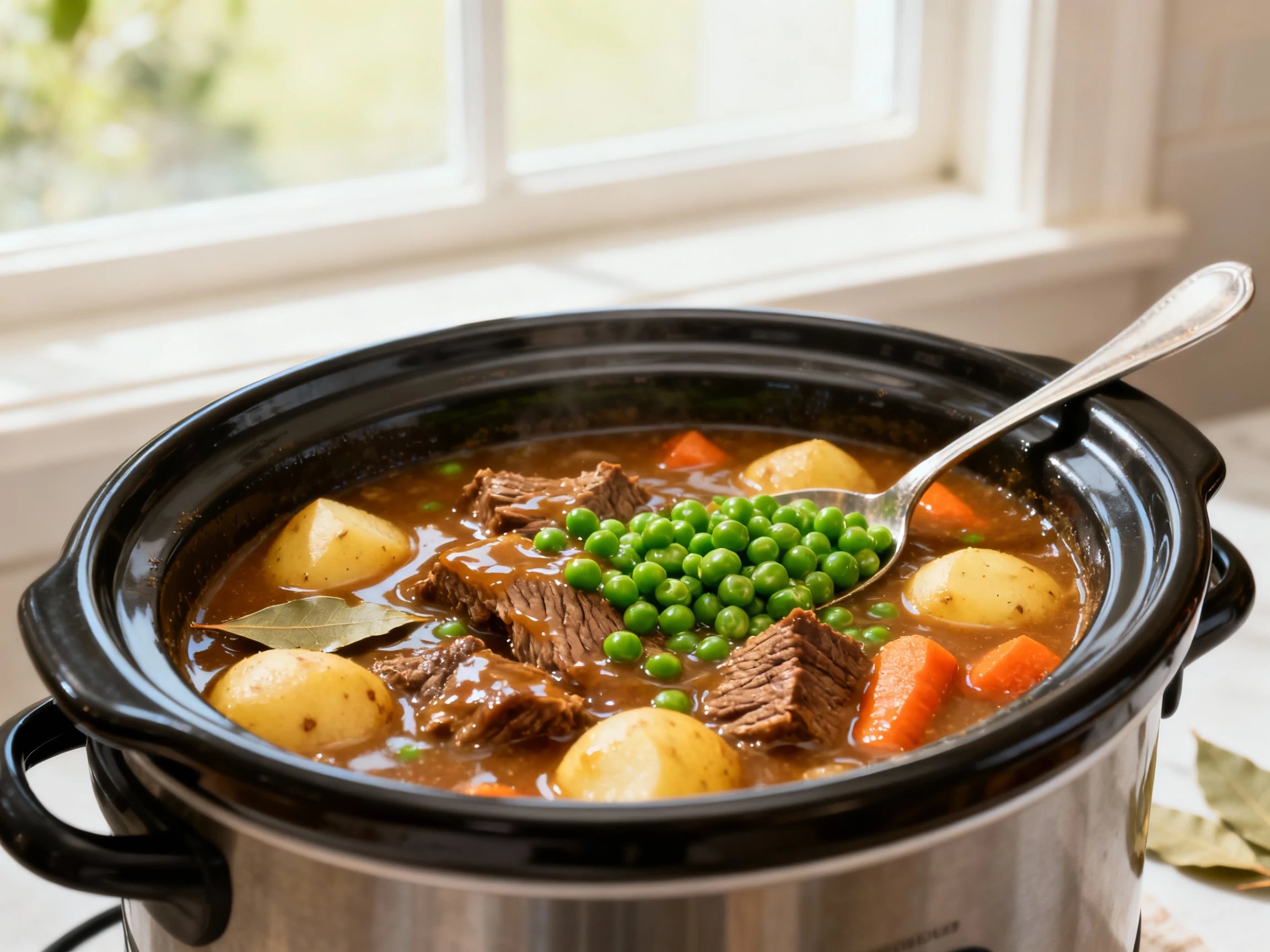 Food photography, Cooking process, 3/4 angle into the slow cooker crock: stew gently bubbling with a glossy, thick gravy