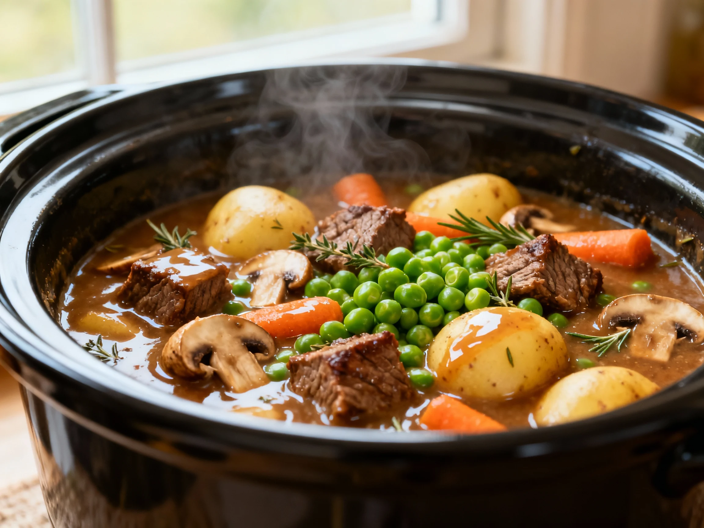 Food photography, Cooking process close-up: Crock pot beef stew in the slow cooker during the thickening stage—glossy, t