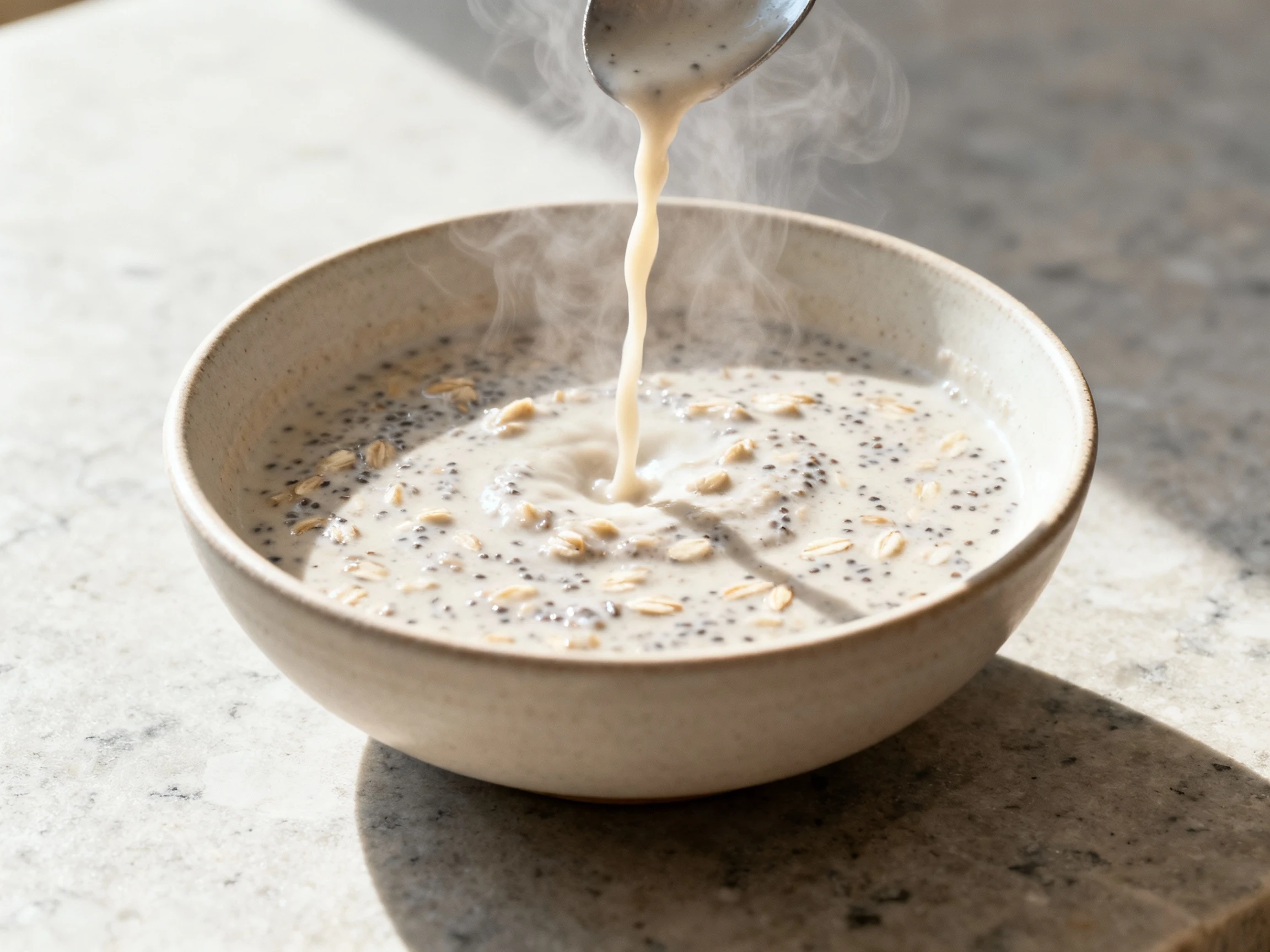 Food photography, 1. Cooking process shot: just-thickened oat–chia–flax base after hot vanilla milk hydration (3–5 minut