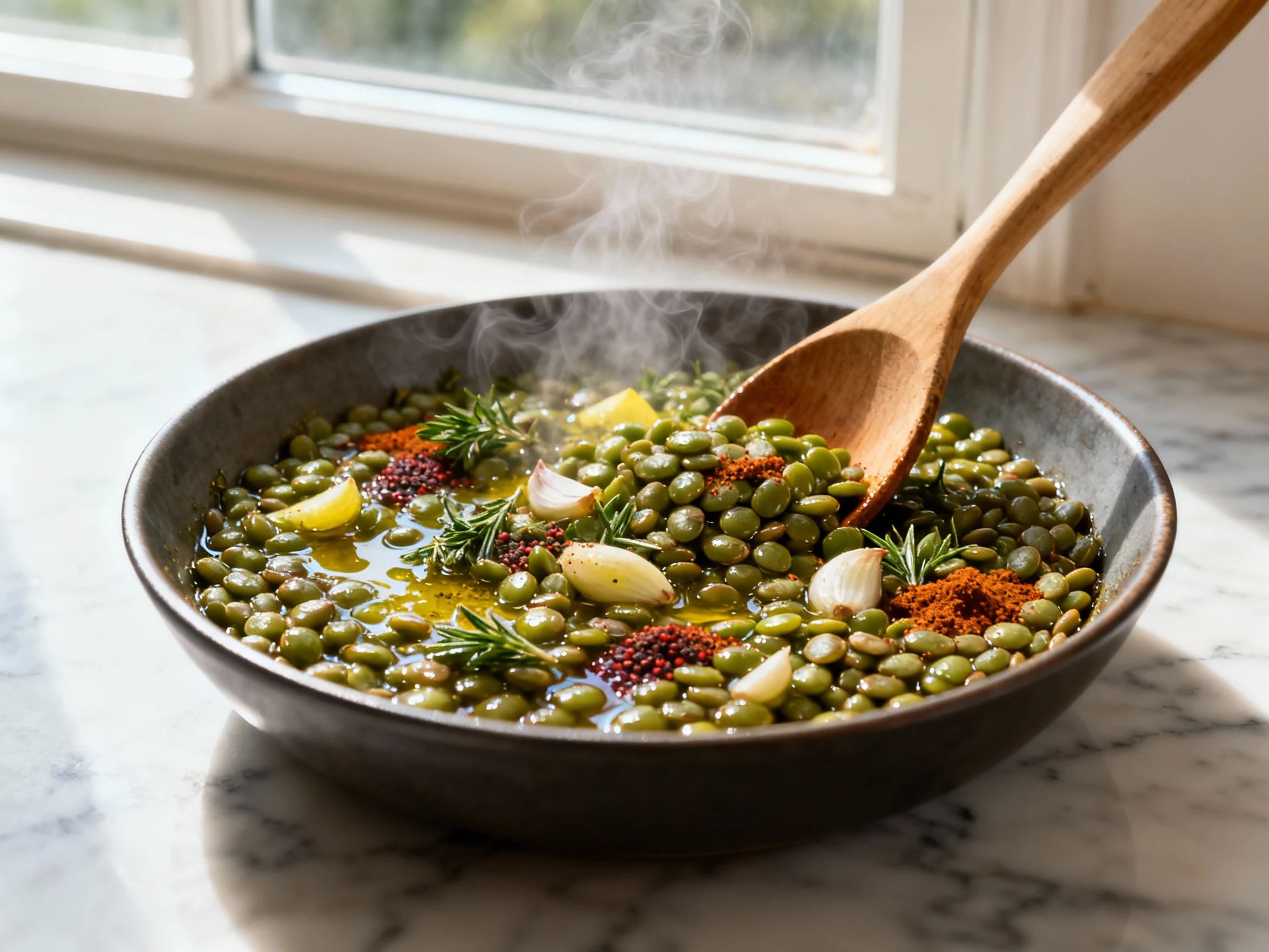 Food photography, Close-up: warm cooked green lentils tossed in glossy olive oil–lemon–red wine vinegar–Dijon dressing, 