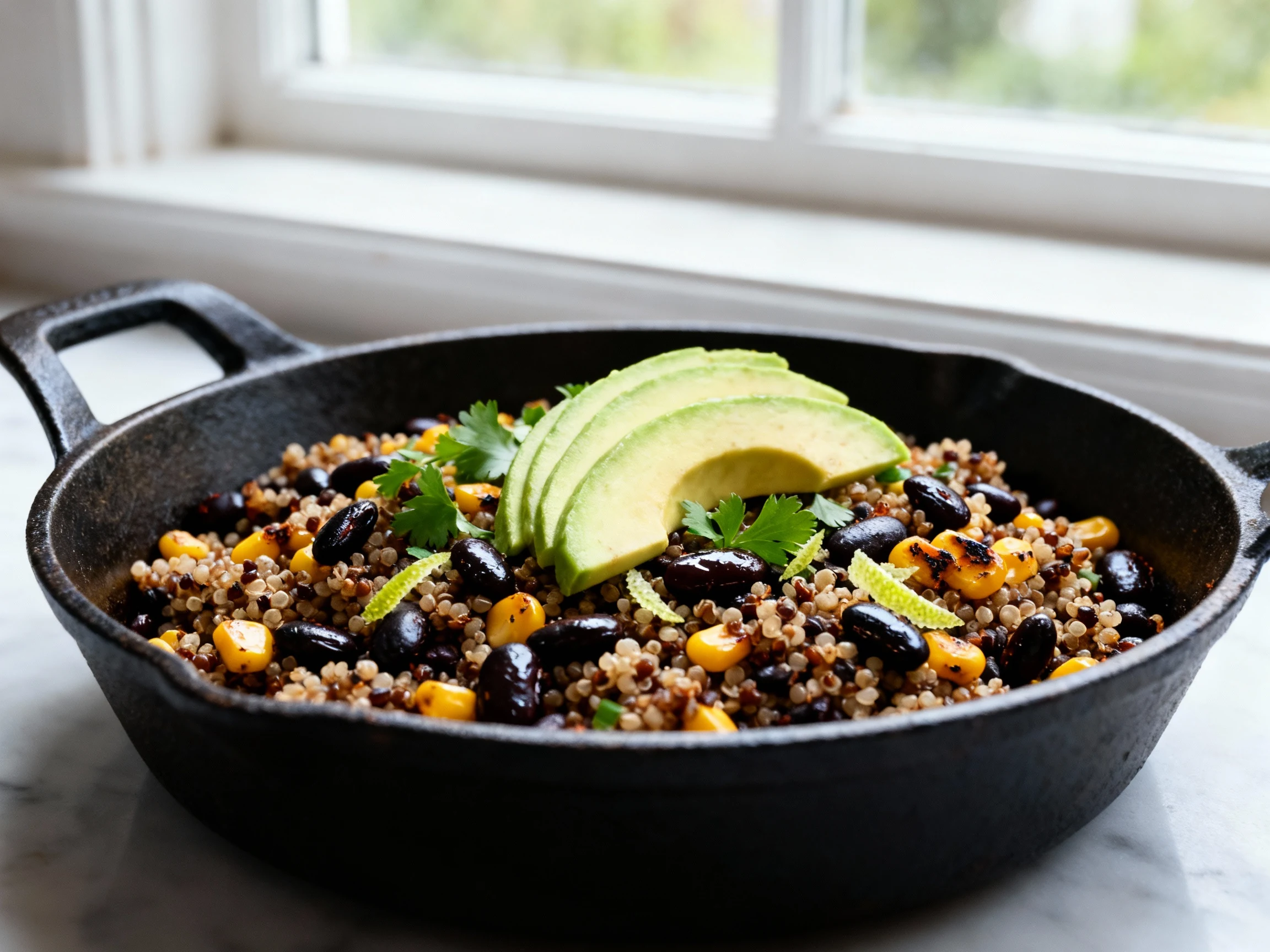 Food photography, Close-up of smoky chipotle black bean & quinoa in a cast-iron skillet—fluffy toasted quinoa, glossy bl