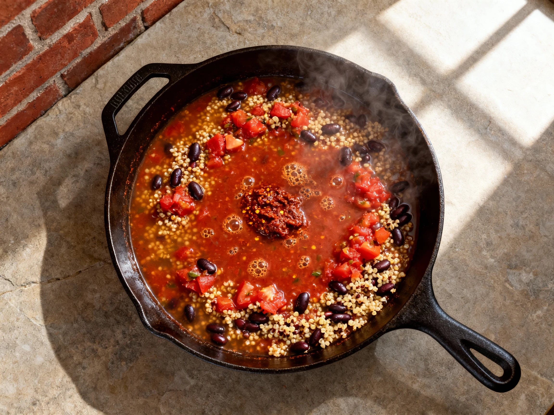 Food photography, Overhead shot of the spicy black bean & quinoa skillet mid-simmer: quinoa cooking in vegetable broth +