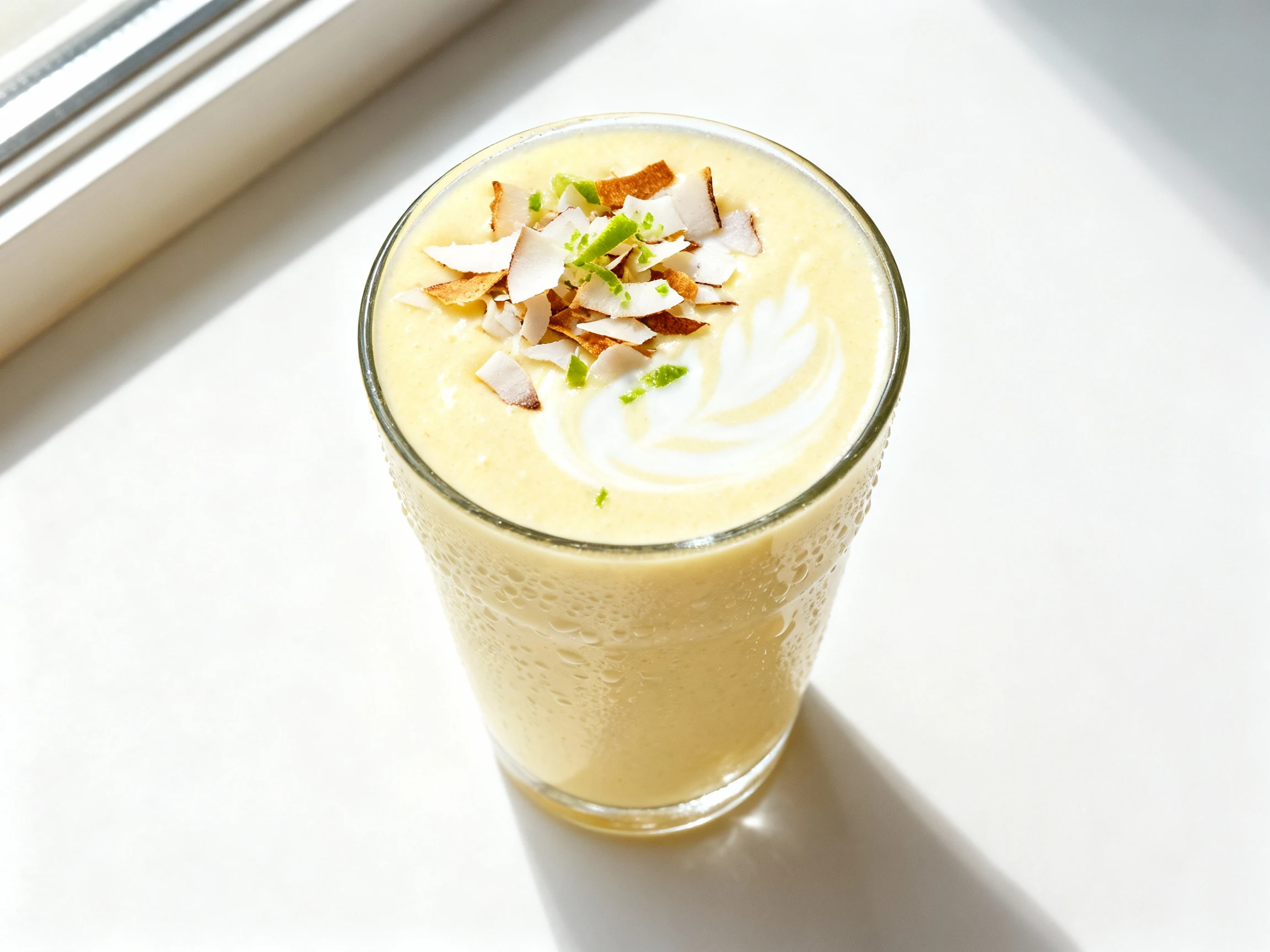 Food photography, Overhead shot of Piña Colada Fiber Bomb smoothie in a chilled glass—creamy pale yellow, glossy surface