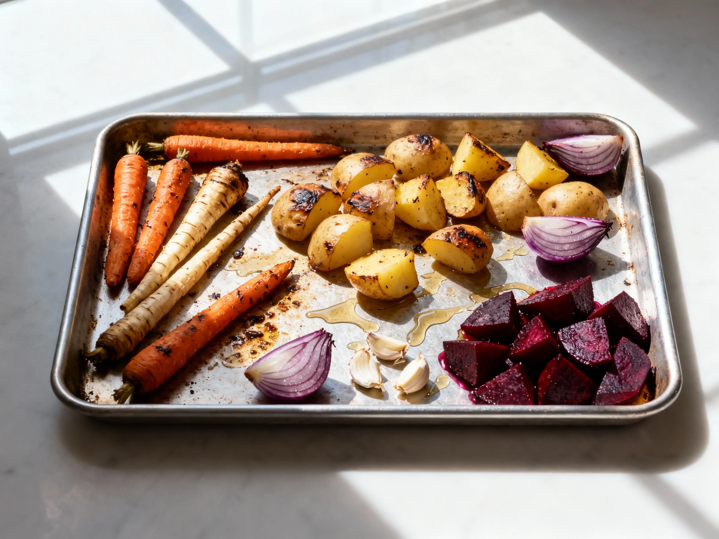 Food photography, Overhead shot of roasted root vegetables mid-cook on a preheated rimmed metal sheet pan: carrot, parsn