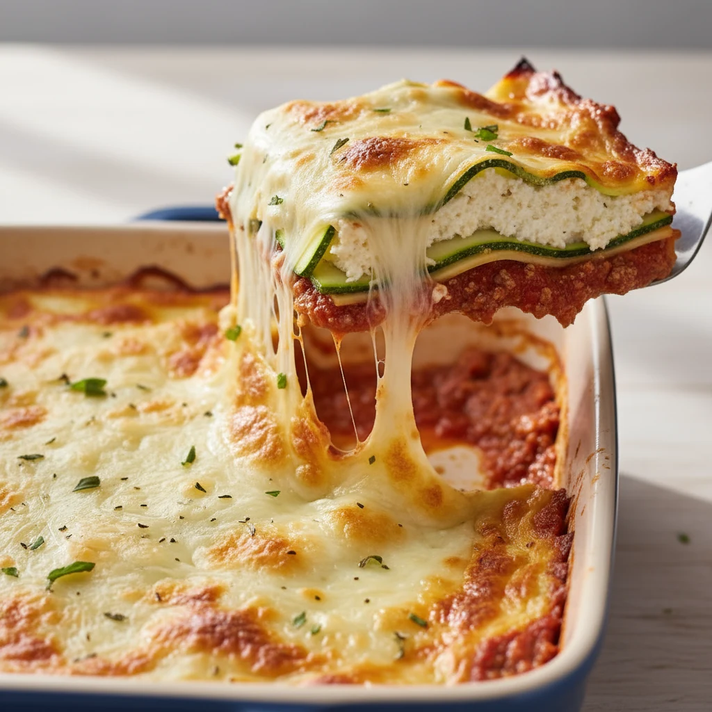 Food photography, Close-up cooking process: first slice of zucchini noodle lasagna lifted from a 9x13 baking dish with a