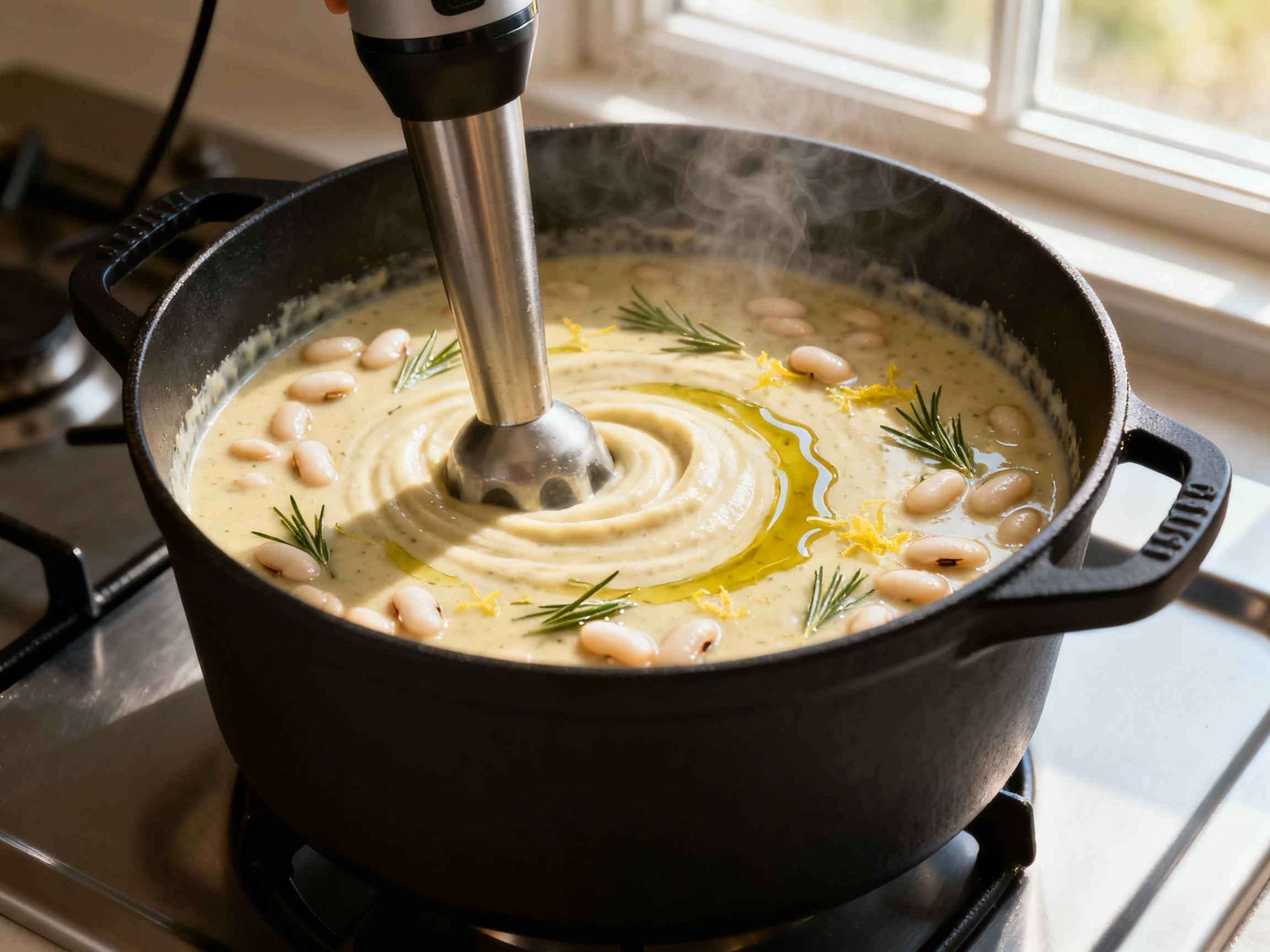 Food photography, White bean and rosemary soup mid-blend in a matte black Dutch oven: immersion blender creating creamy 