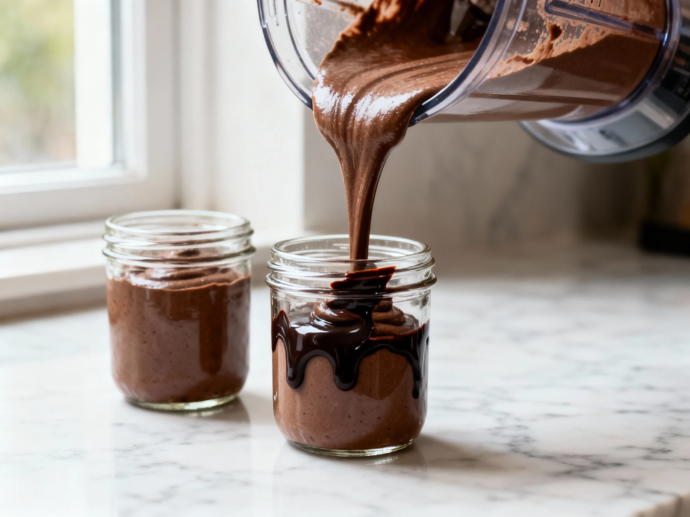 Food photography, Close-up process shot: glossy chocolate avocado mousse ribbon pouring from blender into small glass ja