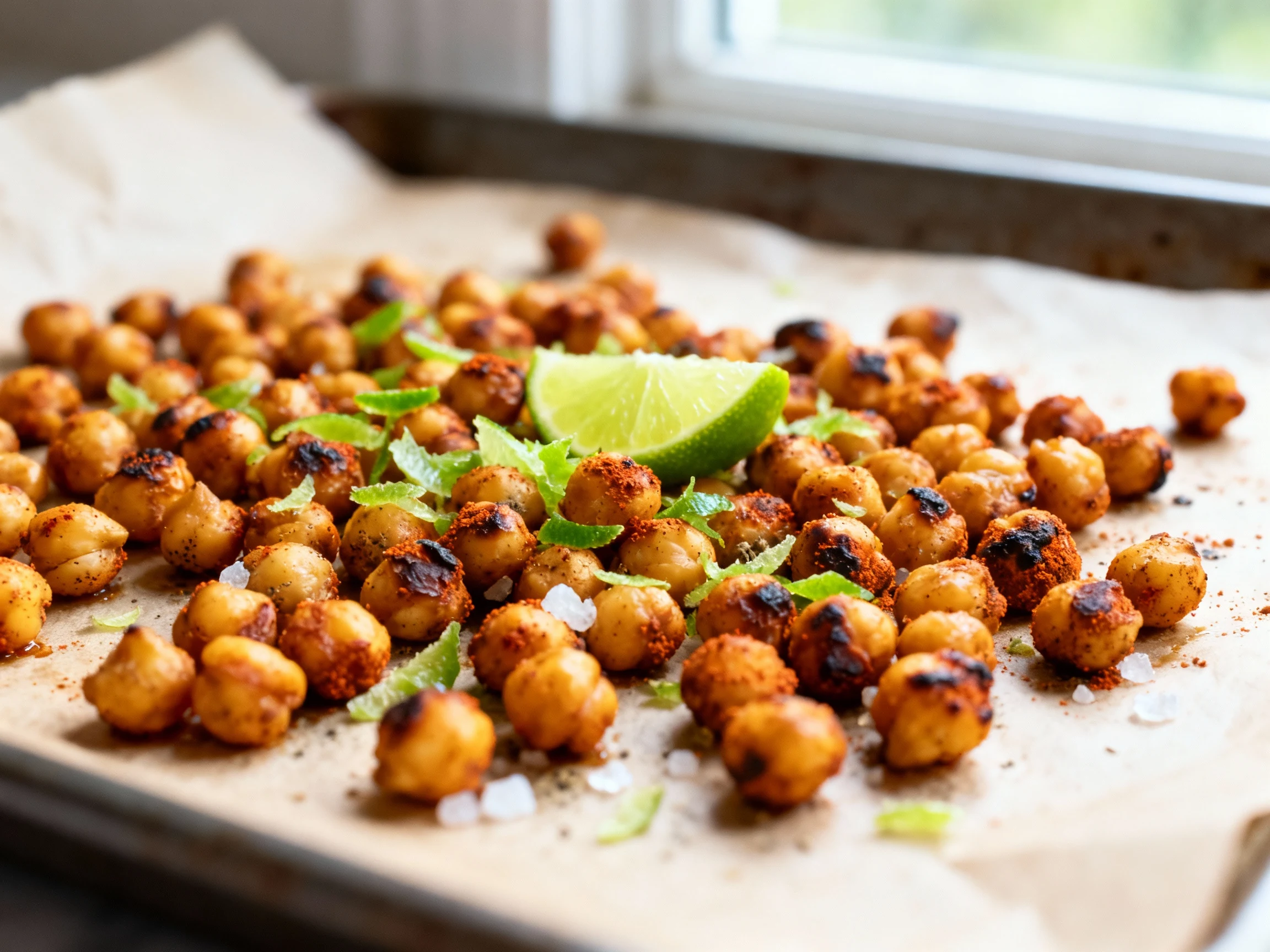 Food photography, Close-up cooking process: Smoky Lime Roasted Chickpeas fresh from the oven on a parchment-lined sheet 