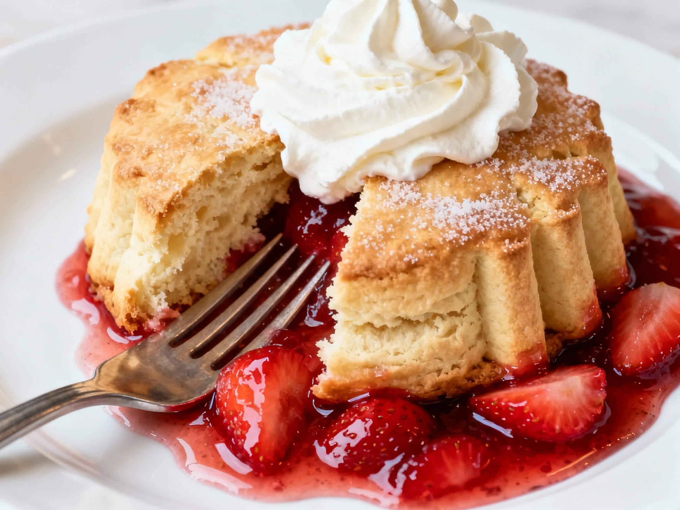 Food photography, Close-up of fork-split flaky buttermilk biscuit with tall letter-fold layers and a coarse sugar crust,