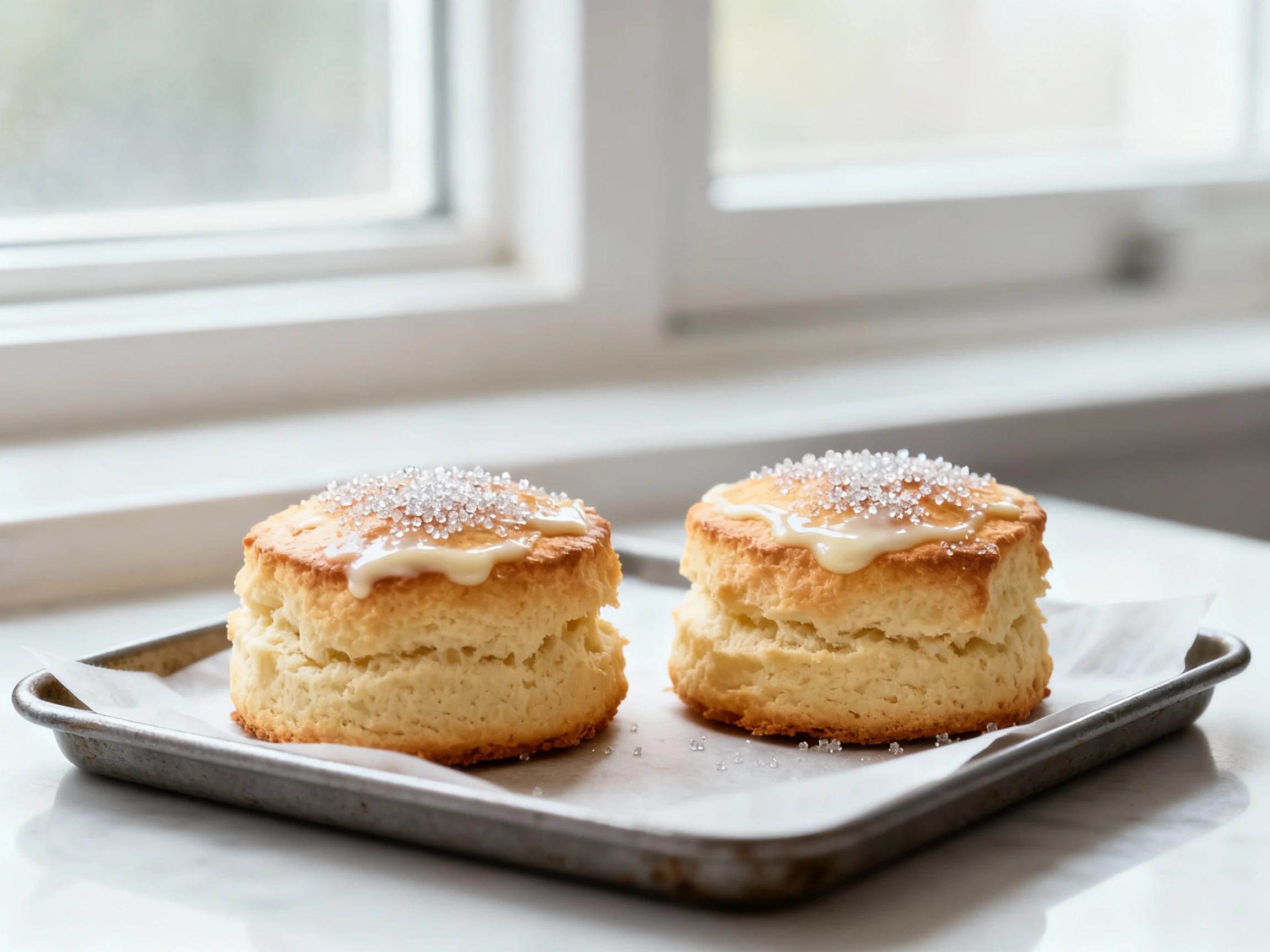 Food photography, Just-baked cream shortcakes for two on a parchment-lined small baking sheet, golden tops brushed with 