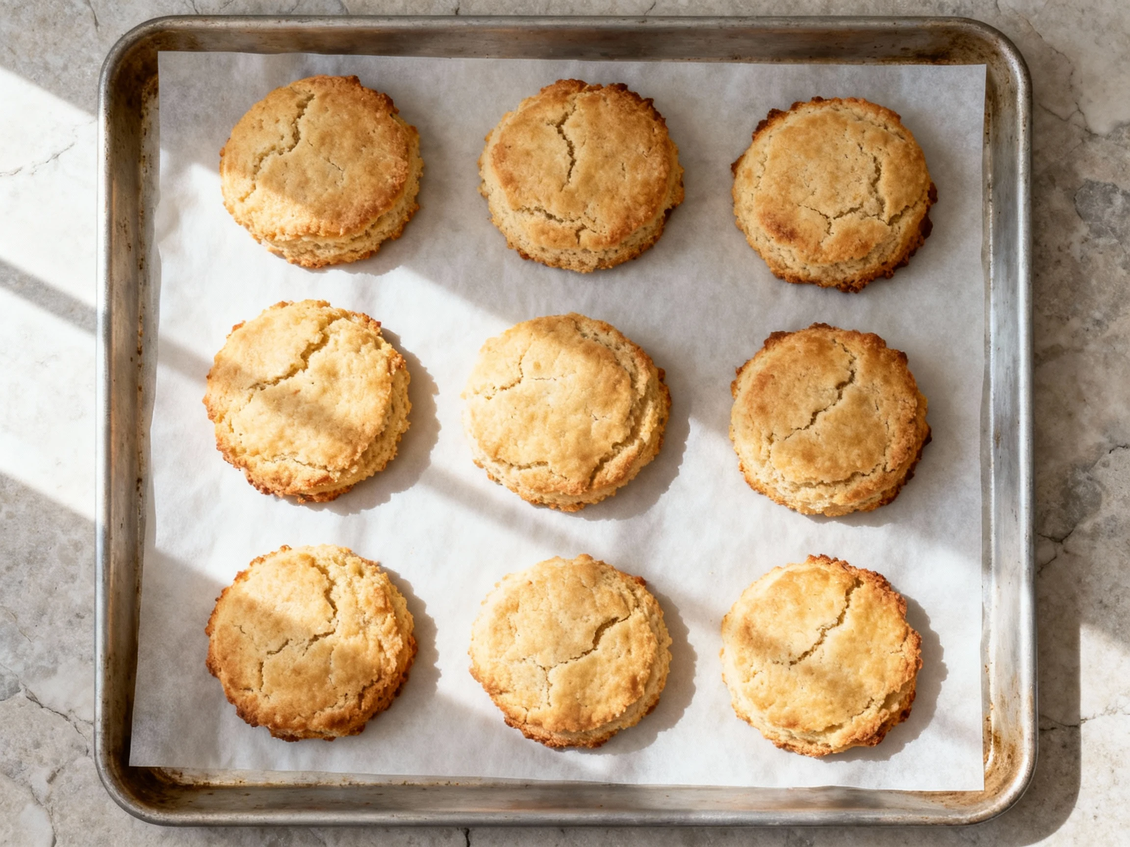 Food photography, Overhead shot of freshly baked almond flour biscuits on a parchment-lined baking sheet—8 golden, light