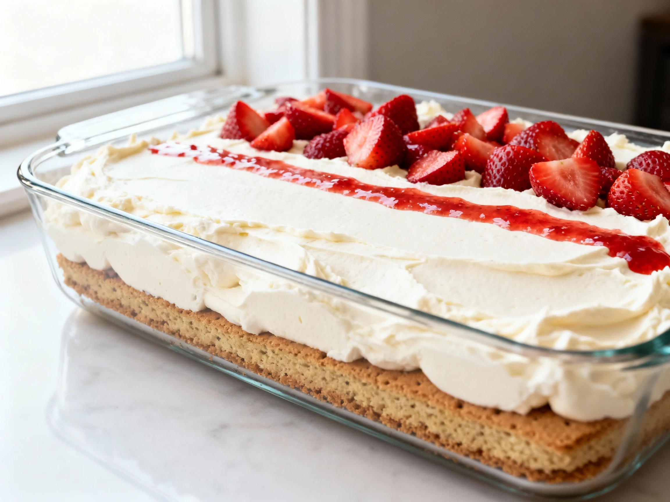Food photography, Icebox cake layering in a clear 9x13 glass dish: tight graham cracker base, billowy vanilla cream spre