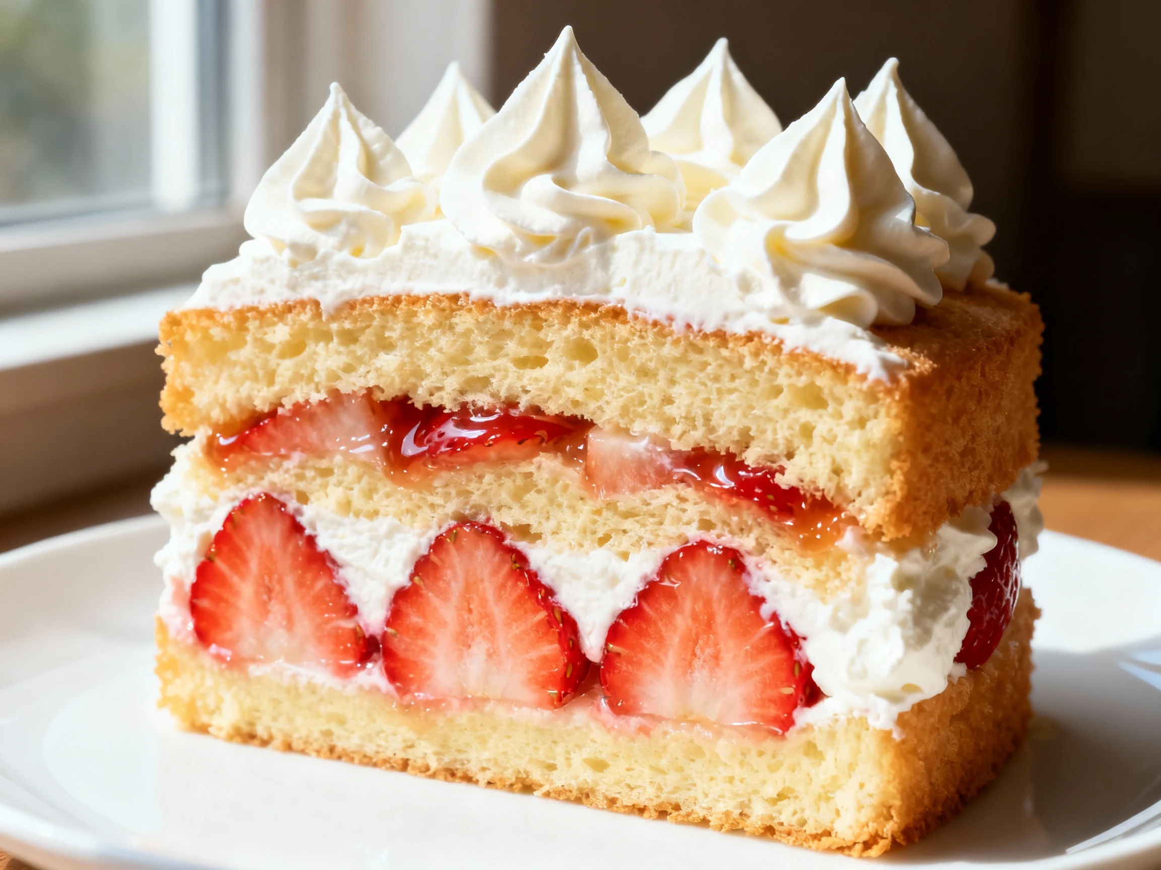 Food photography, 1. Close-up of a sliced Japanese-style strawberry shortcake showing golden, ultra-light sponge (cake f