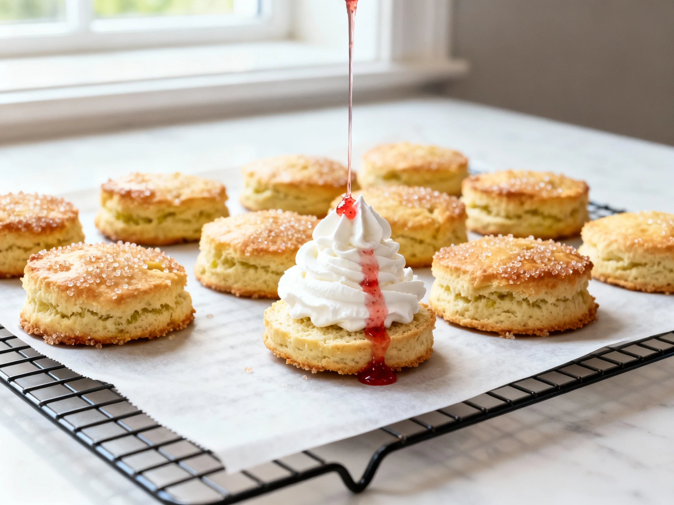 Food photography, Cooking process, 3/4 angle: freshly baked olive oil biscuits on a parchment-lined sheet over a cooling