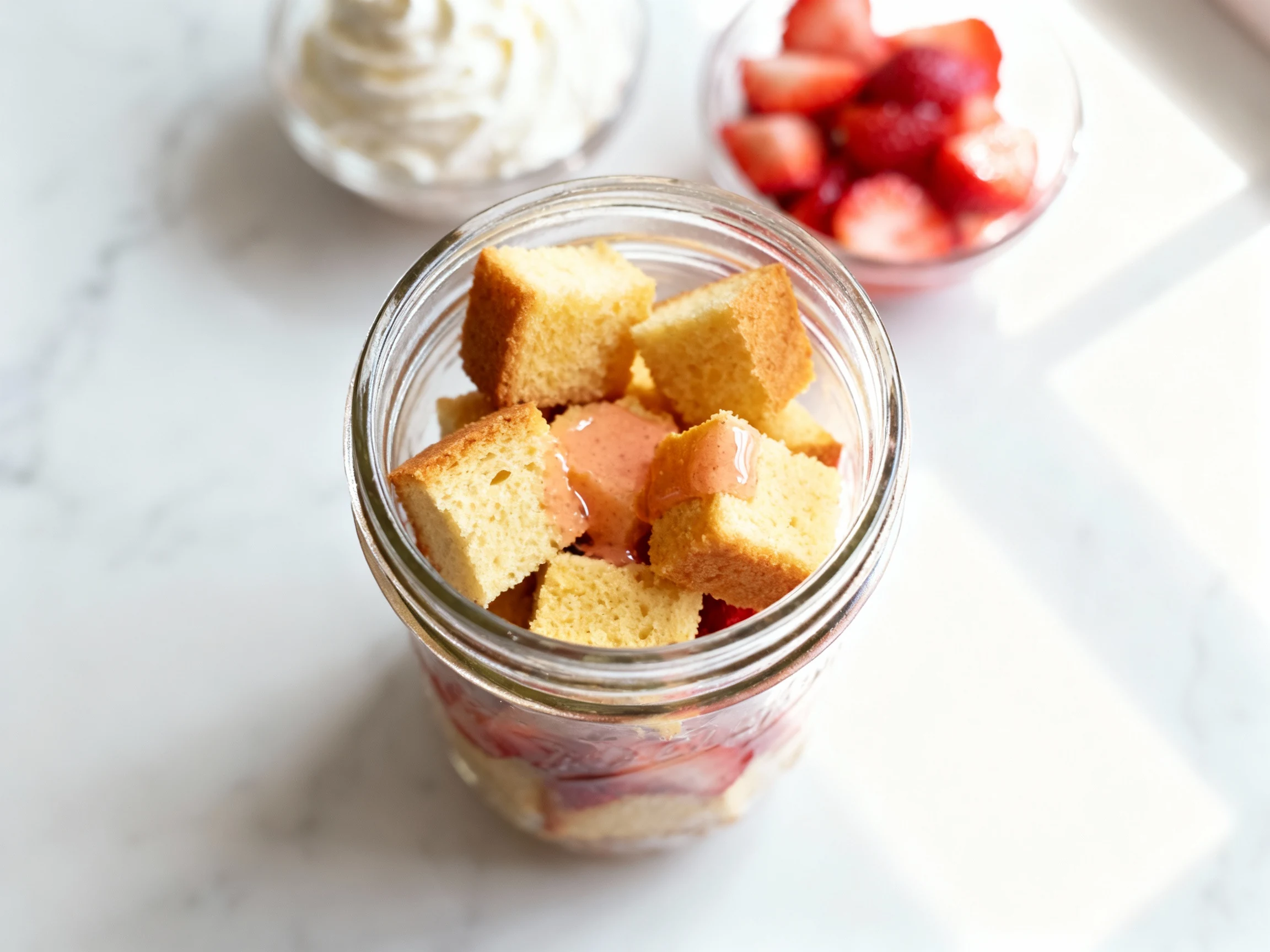 Food photography, Overhead shot of an 8-oz wide-mouth jar mid-assembly: golden pound cake cubes getting a light 1–2 tsp 