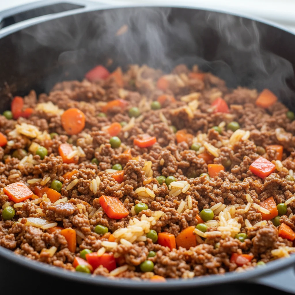 Food photography, Close-up, cooking process — jasmine rice being toasted 60–90 seconds in glossy gochujang–soy beef minc