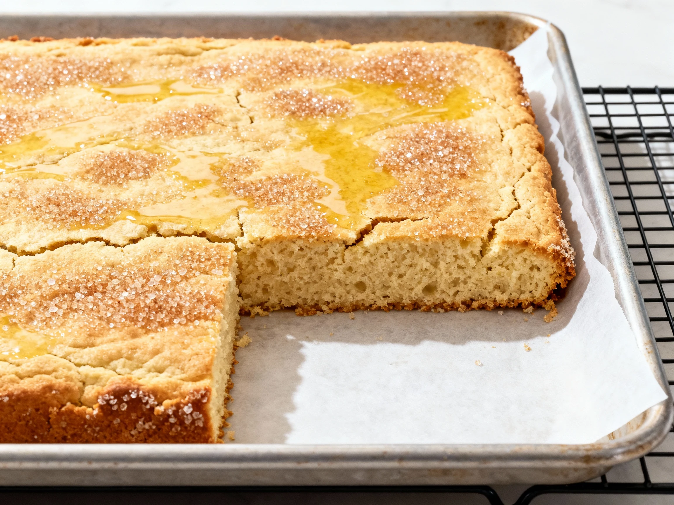 Food photography, Freshly baked sheet-pan shortcake slab cooling on a parchment-lined 13×18-inch half-sheet pan on a wir