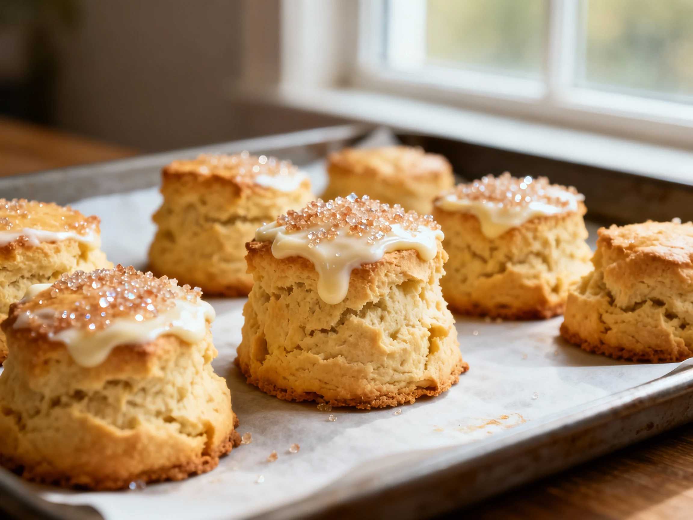 Food photography, Freshly baked brown butter shortcake biscuits on a parchment-lined sheet pan, tall and golden with cra