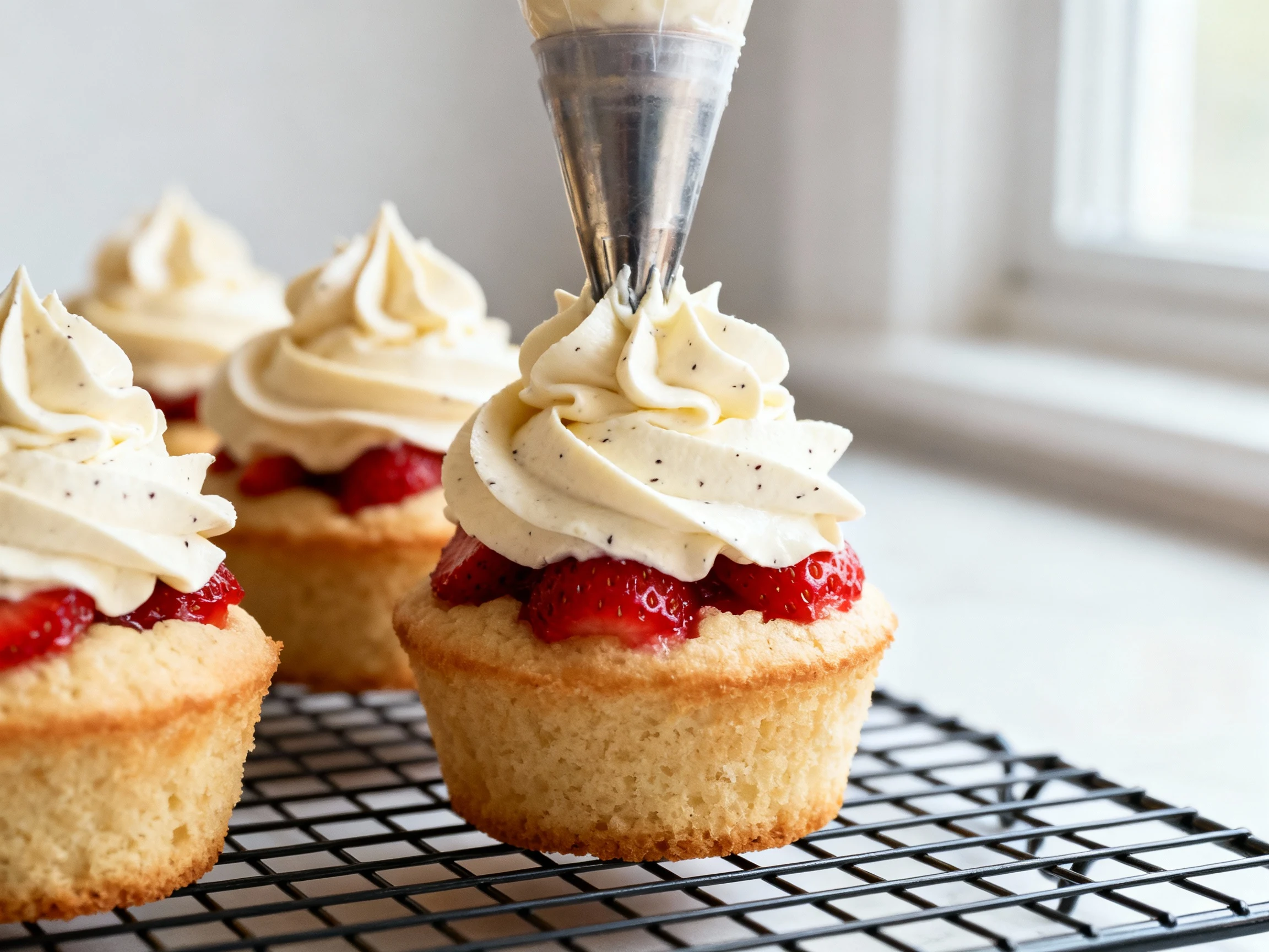 Food photography, 1. Close-up process shot: filled, cooled shortcake cupcakes being frosted—piping bag with large open s