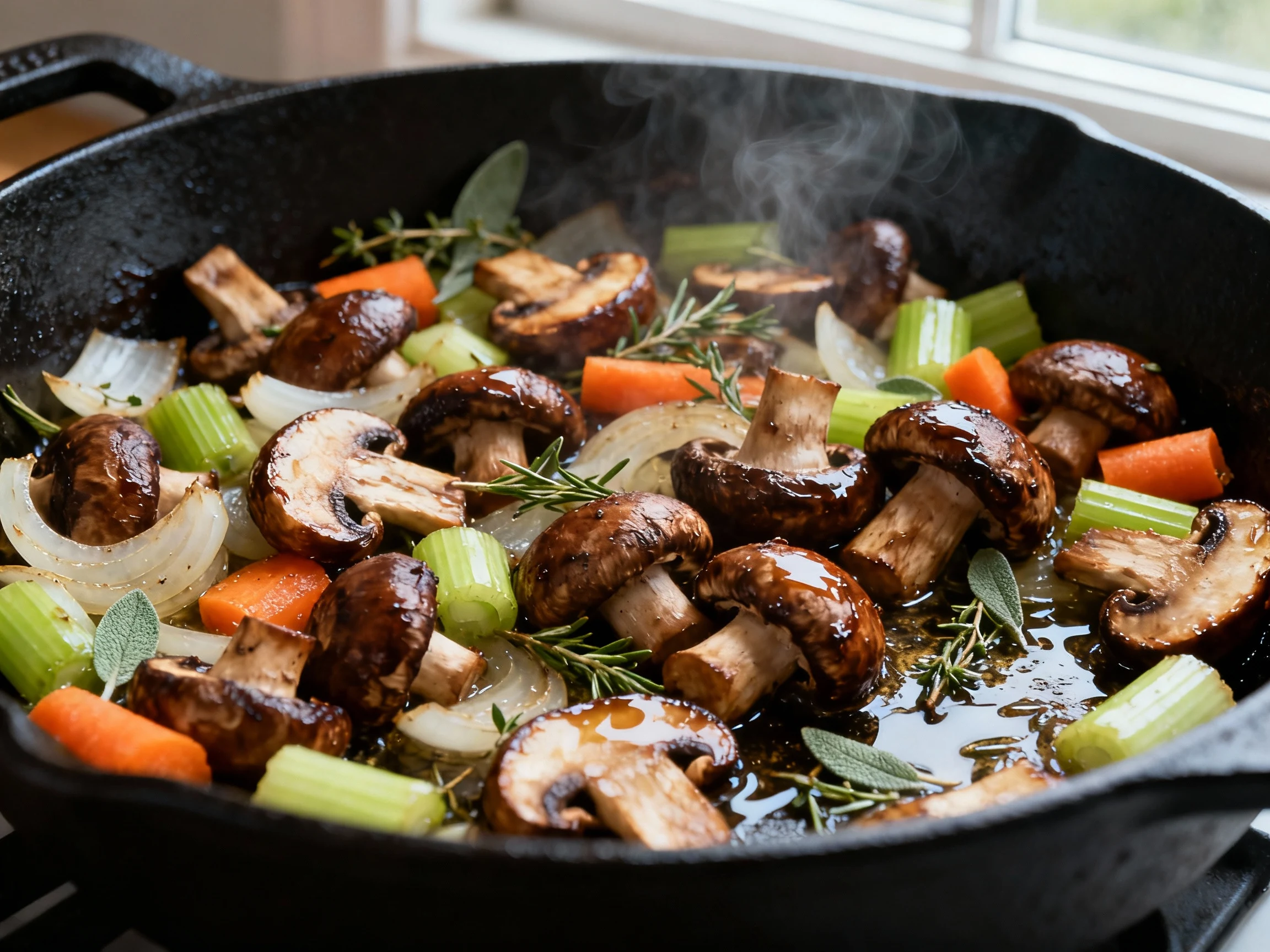 Food photography, 1. Close-up of the sautéed base: deeply browned cremini mushrooms with onions, carrots, and celery in 