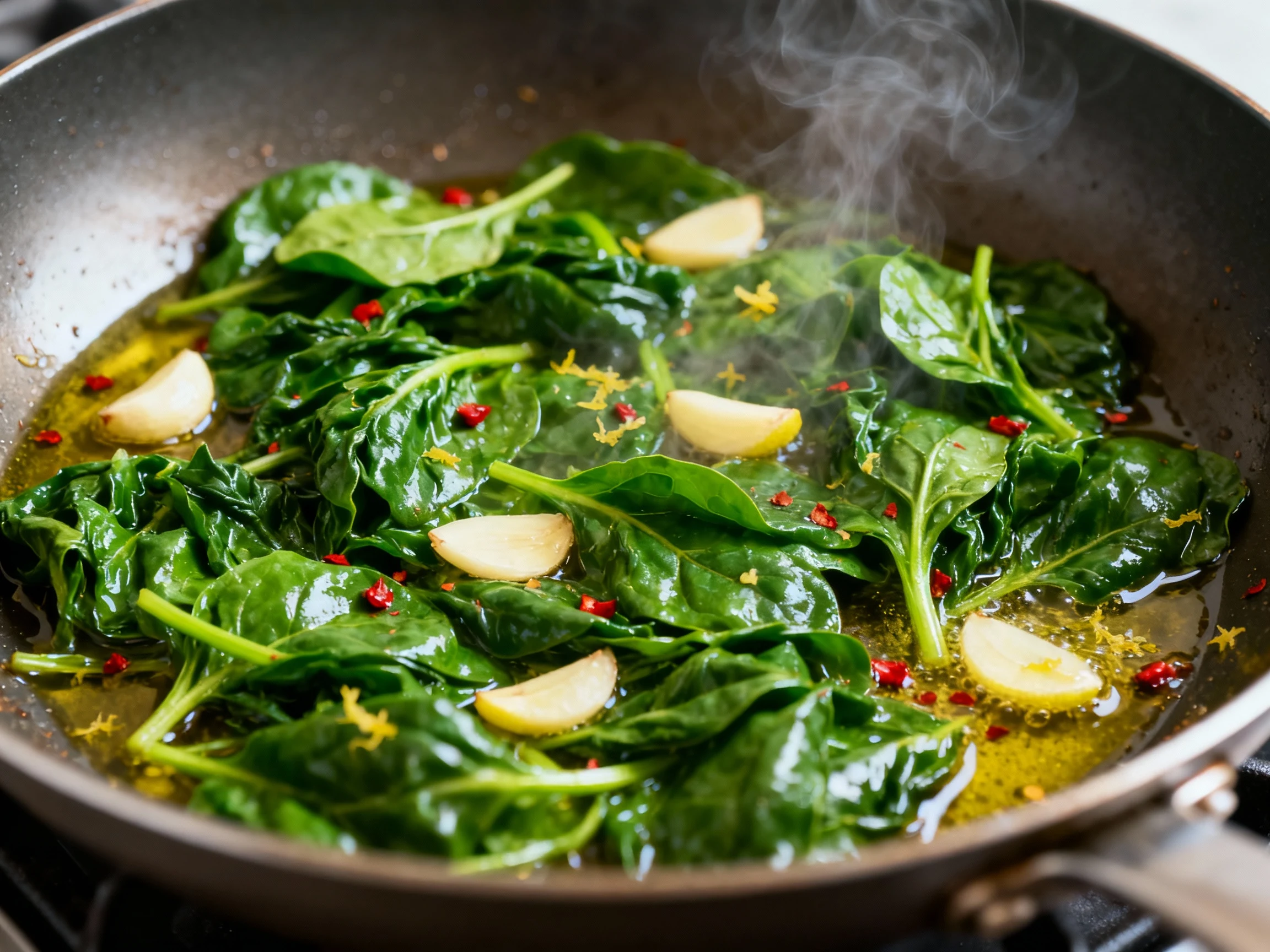 Food photography, Close-up: just-wilted bright green spinach being sautéed in a wide stainless skillet over medium-high