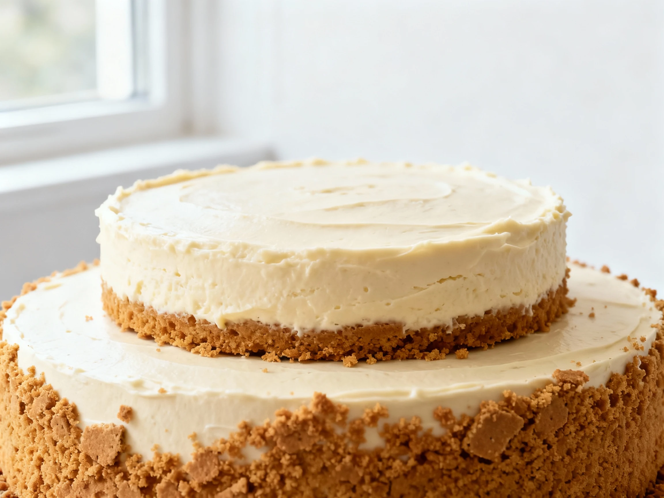 Food photography, Close-up process shot: chilled cheesecake layer centered atop a thinly frosted vanilla cake round, cru
