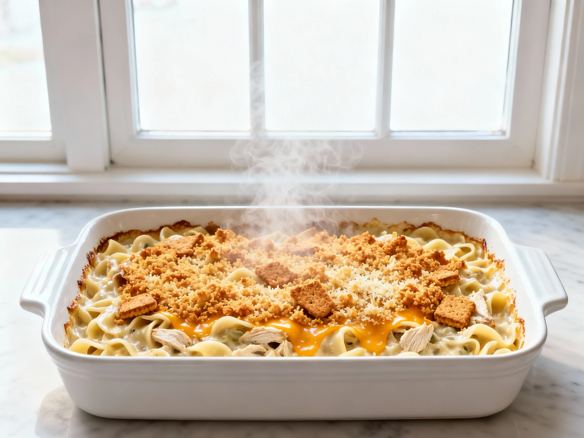 Food photography, Overhead shot of the creamy canned chicken noodle casserole just out of the oven in a white 9x13 dish: