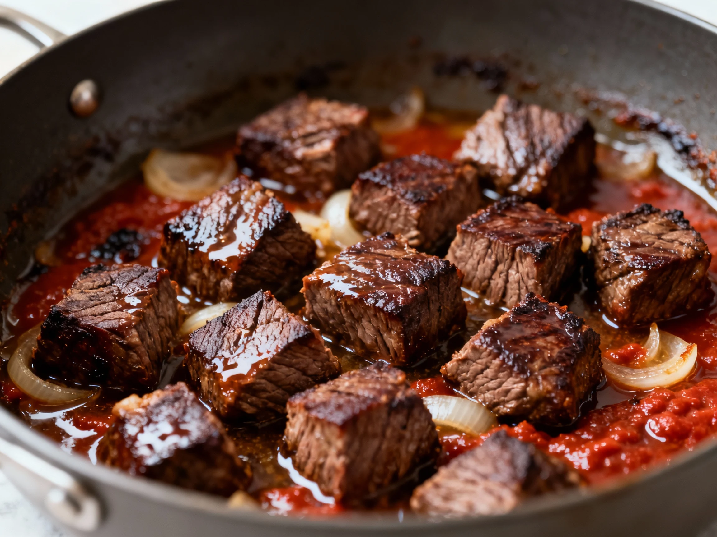 Food photography, Close-up of seared chuck cubes in a heavy pot, deep mahogany crust with shimmering fond, onions soften
