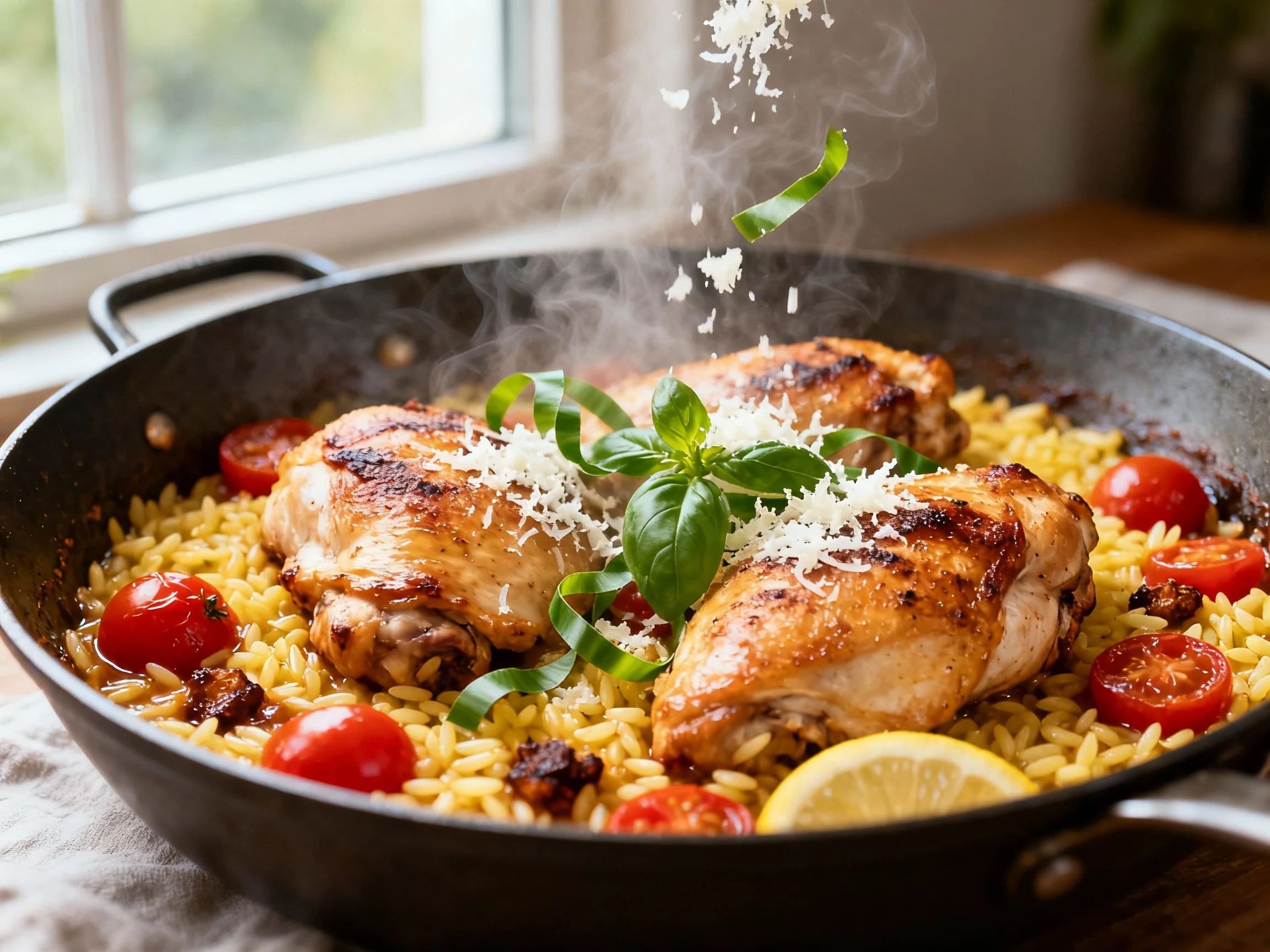 Food photography, Close-up cooking process: golden-seared chicken thighs nestled into simmering lemony orzo with burst c