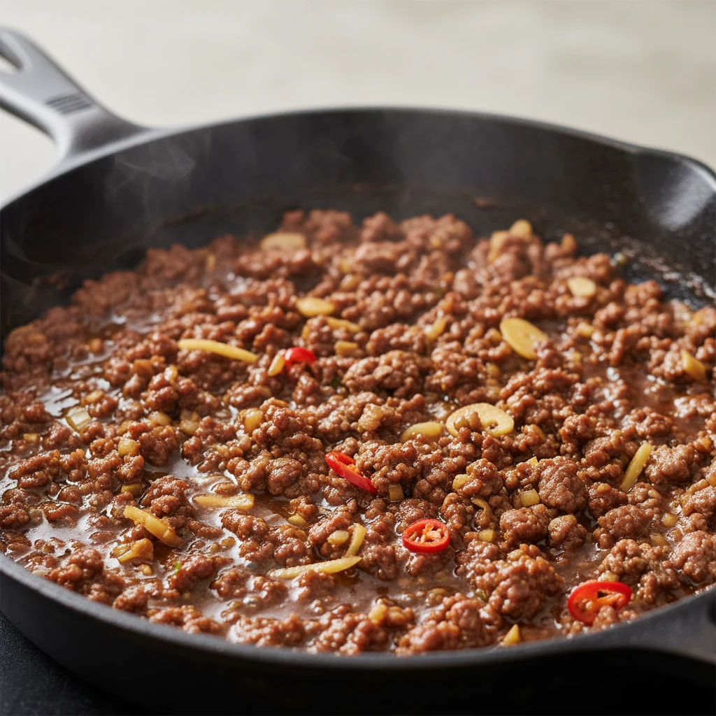 Food photography, Close-up of caramelized spiced beef mince sizzling in a wide black skillet, edges browned and crispy f