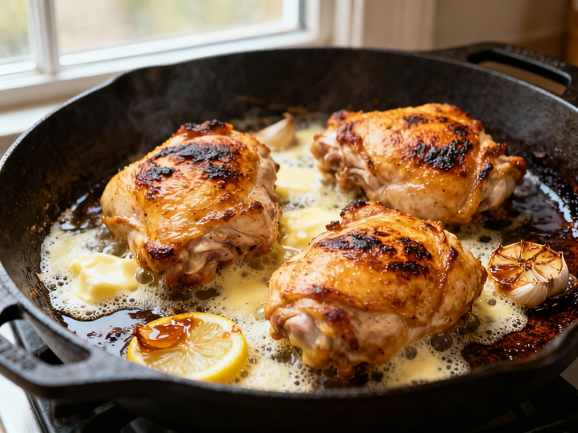 Food photography, Cooking process close-up: Close-up of crispy-skinned chicken thighs searing skin-side down in a cast-i