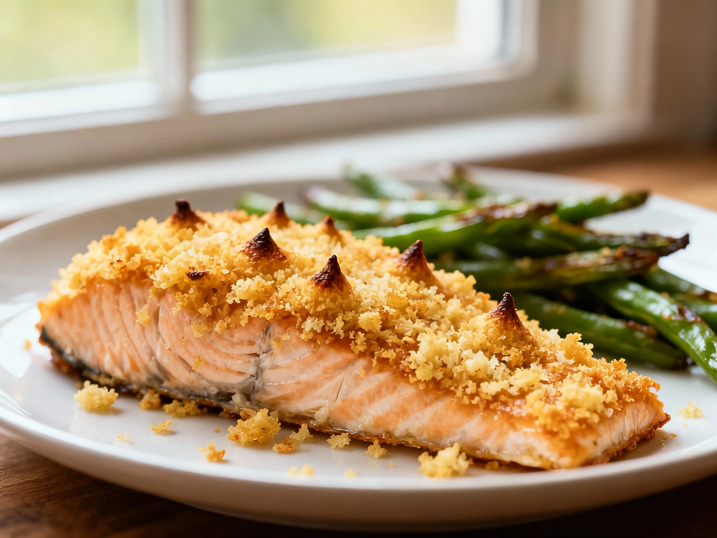 Food photography, Close-up of golden panko-Parmesan crust on oven-baked salmon just pulled from the oven, crunchy butter