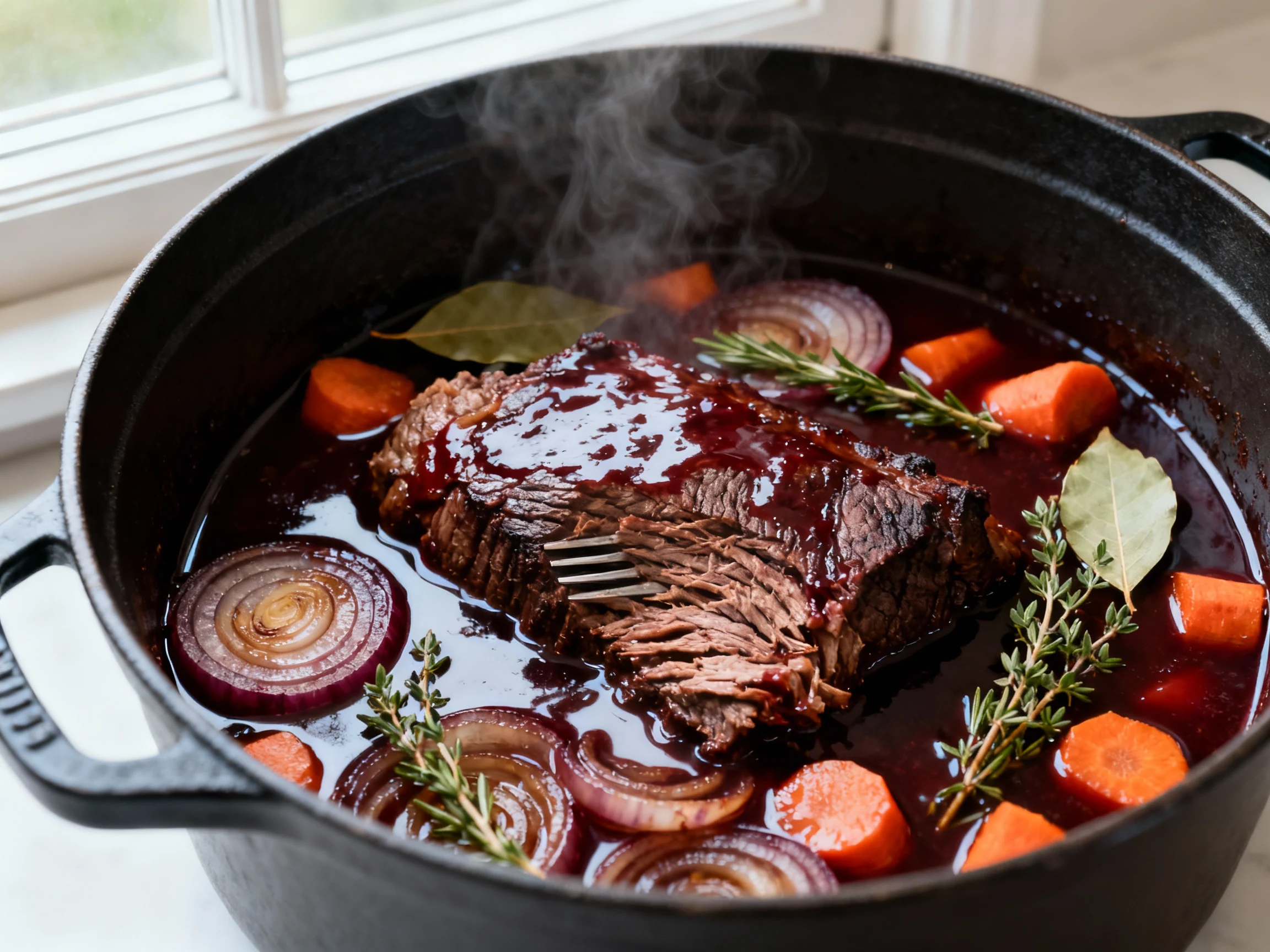 Food photography, 1. Cooking process: Red wine braised brisket simmering in a Dutch oven—close-up of fork-tender brisket