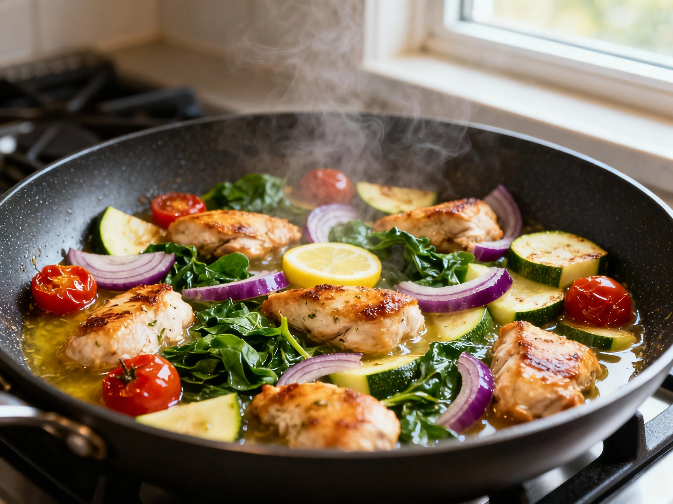 Food photography, One-pan lemon-garlic chicken & veggie skillet mid-cook: golden-browned chicken bites, red onion and zu