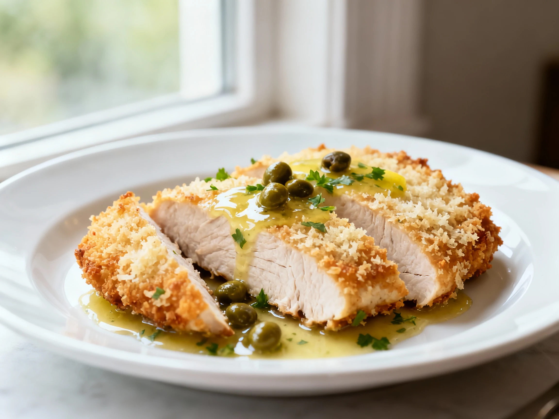 Food photography, Close-up of Parmesan-crusted turkey breast cutlet sliced against the grain, ultra-crispy panko-Parmesa