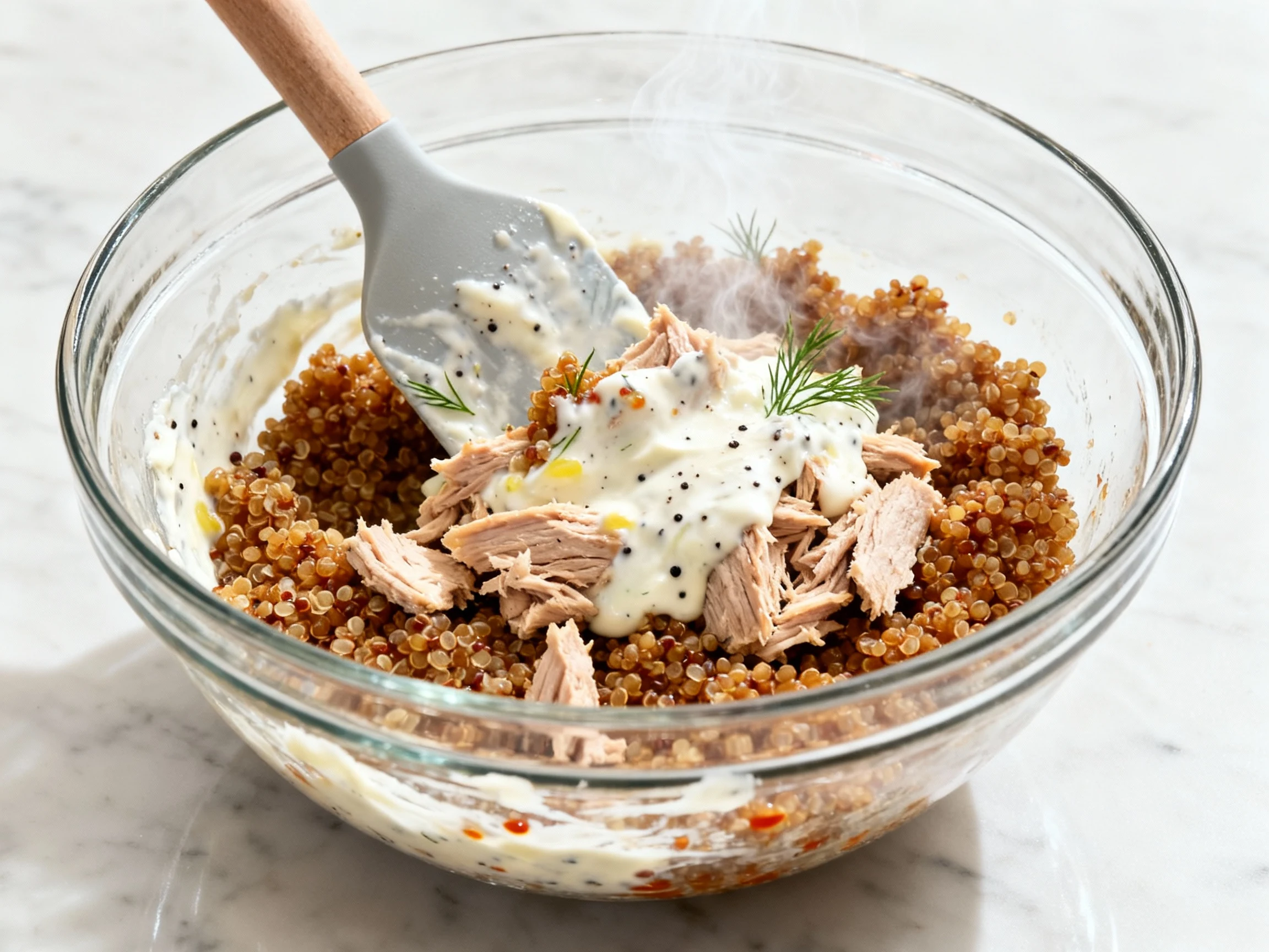 Food photography, Cooking process: Tuna power bowl being prepared—creamy Greek yogurt–lemon–Dijon–sriracha dressing coat
