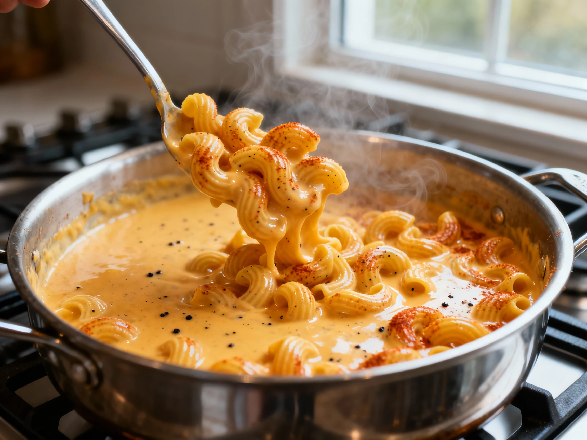 Food photography, 1. Cooking process close-up: Cavatappi being folded into ultra-silky cheddar–Gruyère–Monterey Jack sau