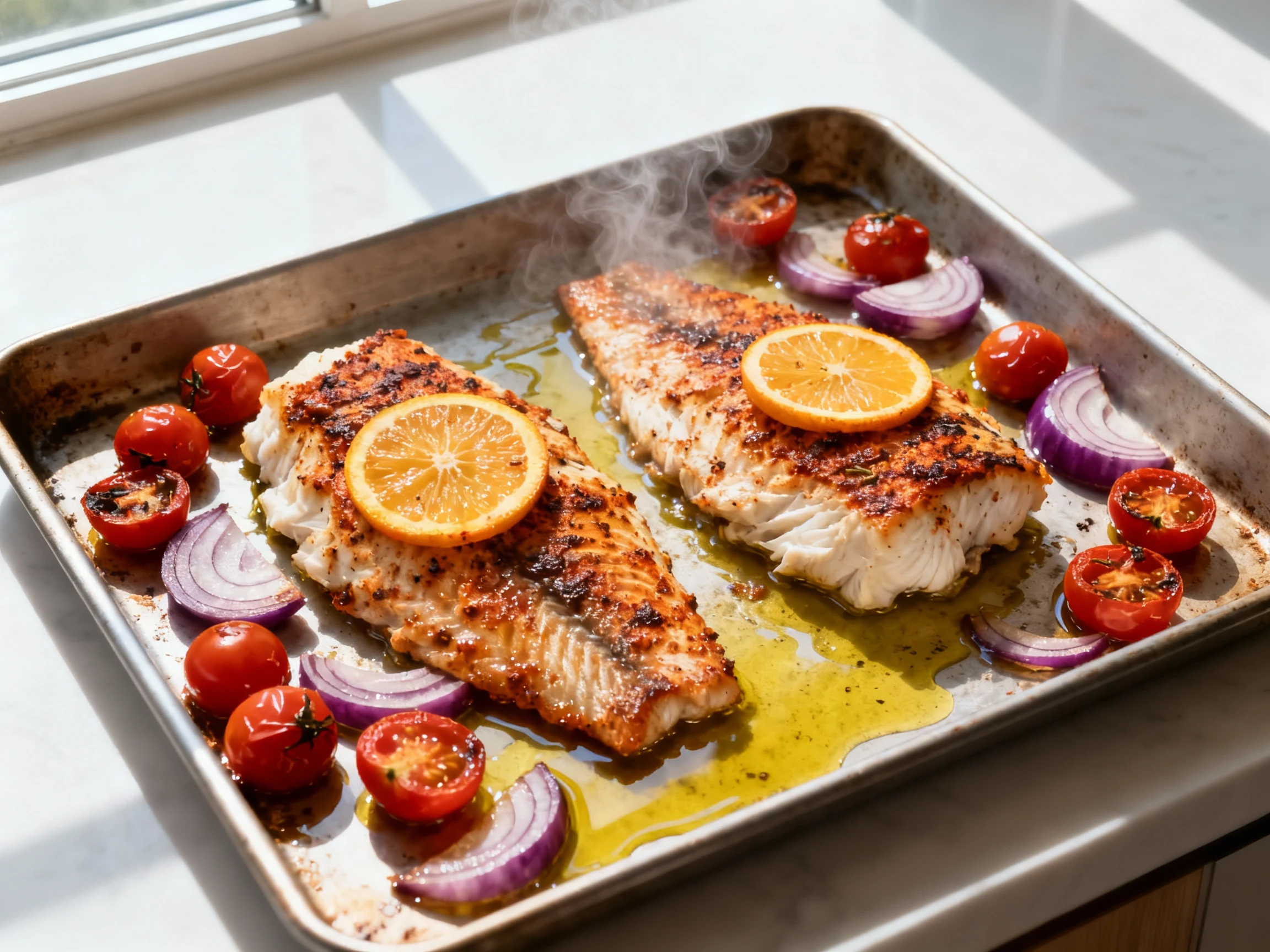 Food photography, Cooking process, overhead: Sheet pan of Cajun tilapia just out of a 425°F oven—opaque, flaky fillets w