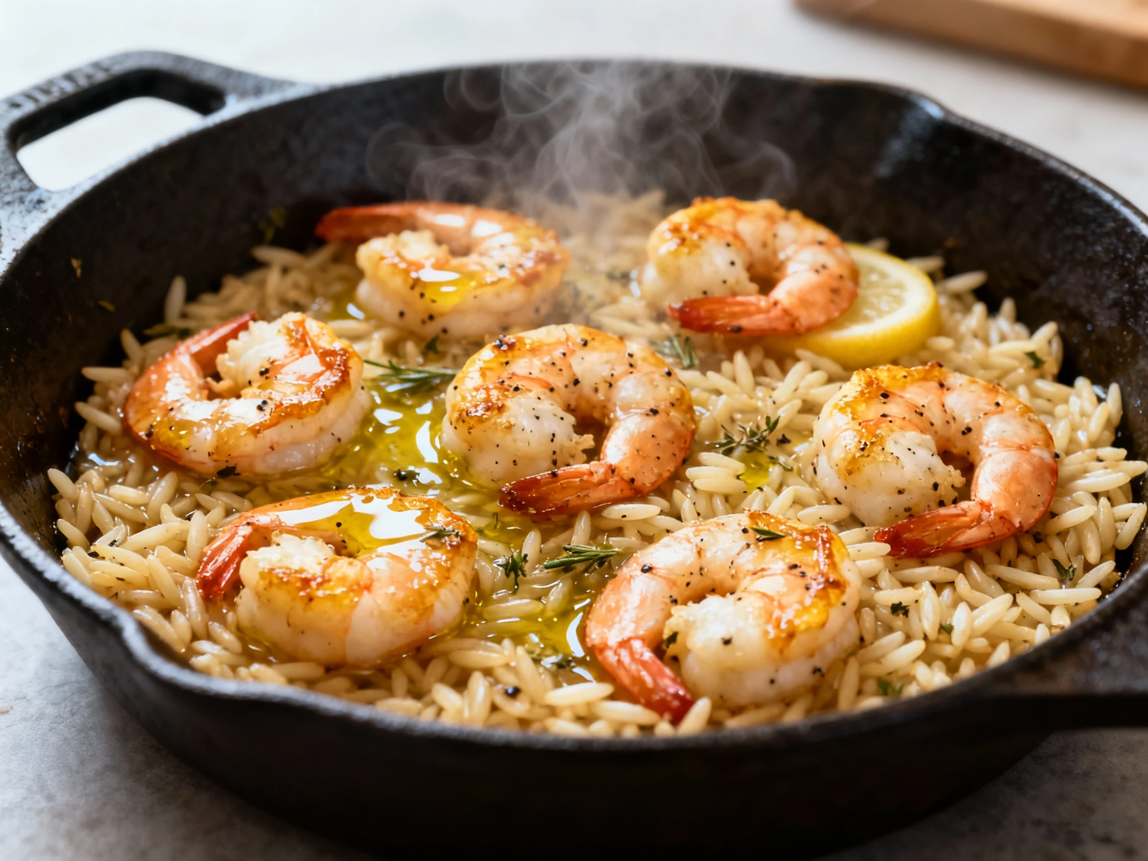 Food photography, 1. Close-up of shrimp for warm Greek orzo being seared in a cast-iron skillet: just-opaque shrimp with