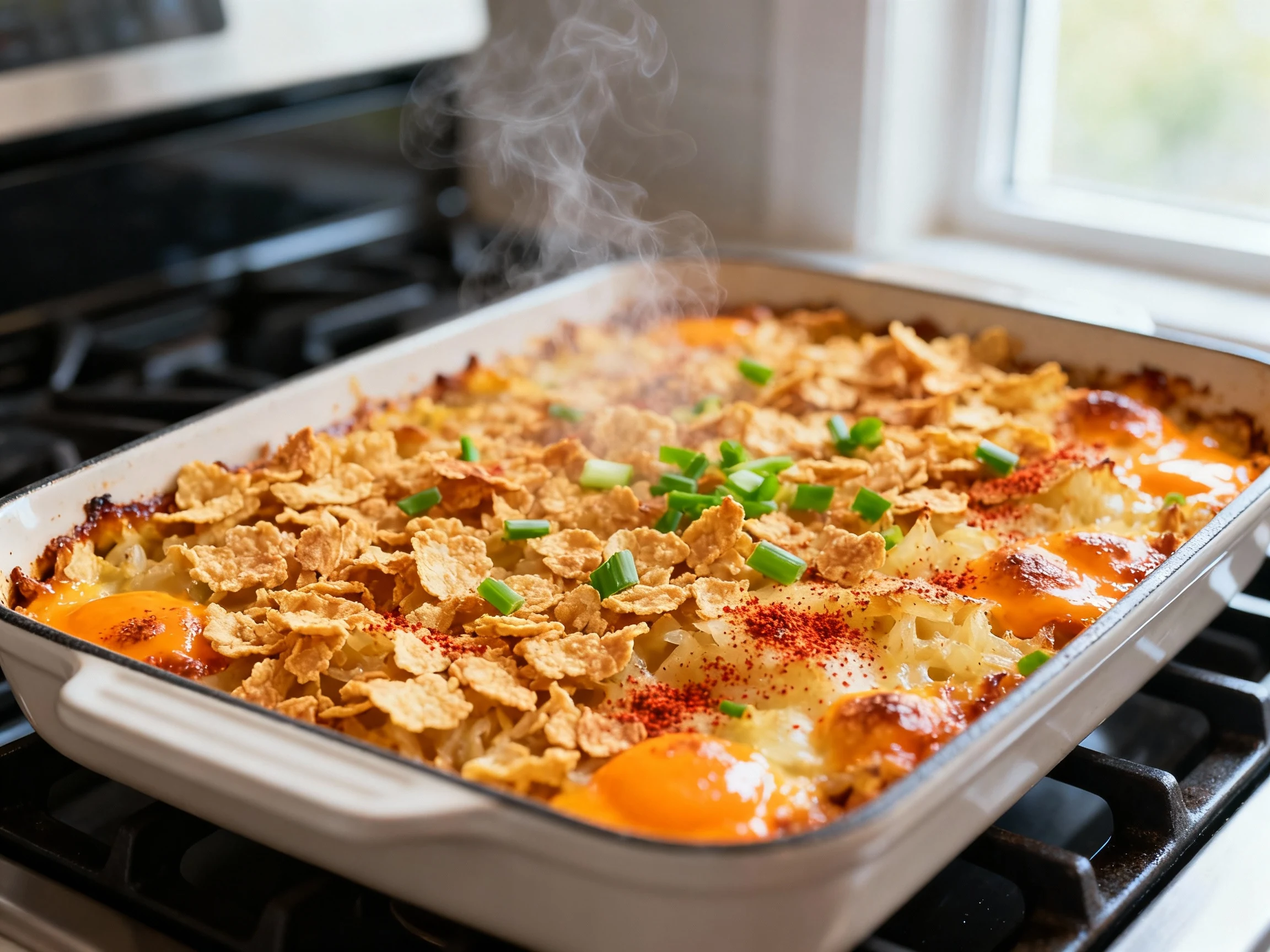 Food photography, Just-broiled hash brown casserole resting on the stovetop: close-up of extra-toasty buttery cornflake 