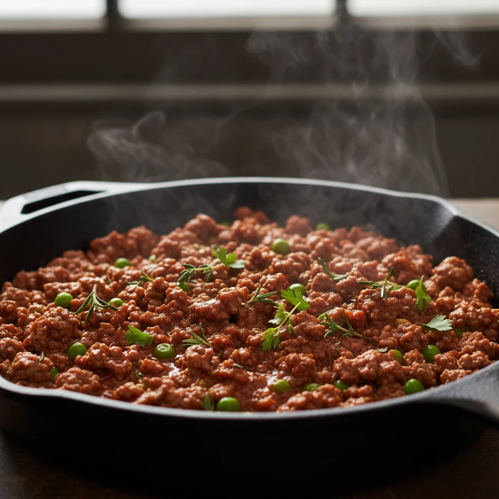 Food photography, Close-up of the herbed beef mince filling simmering in a wide skillet: deeply browned beef, brick-red 