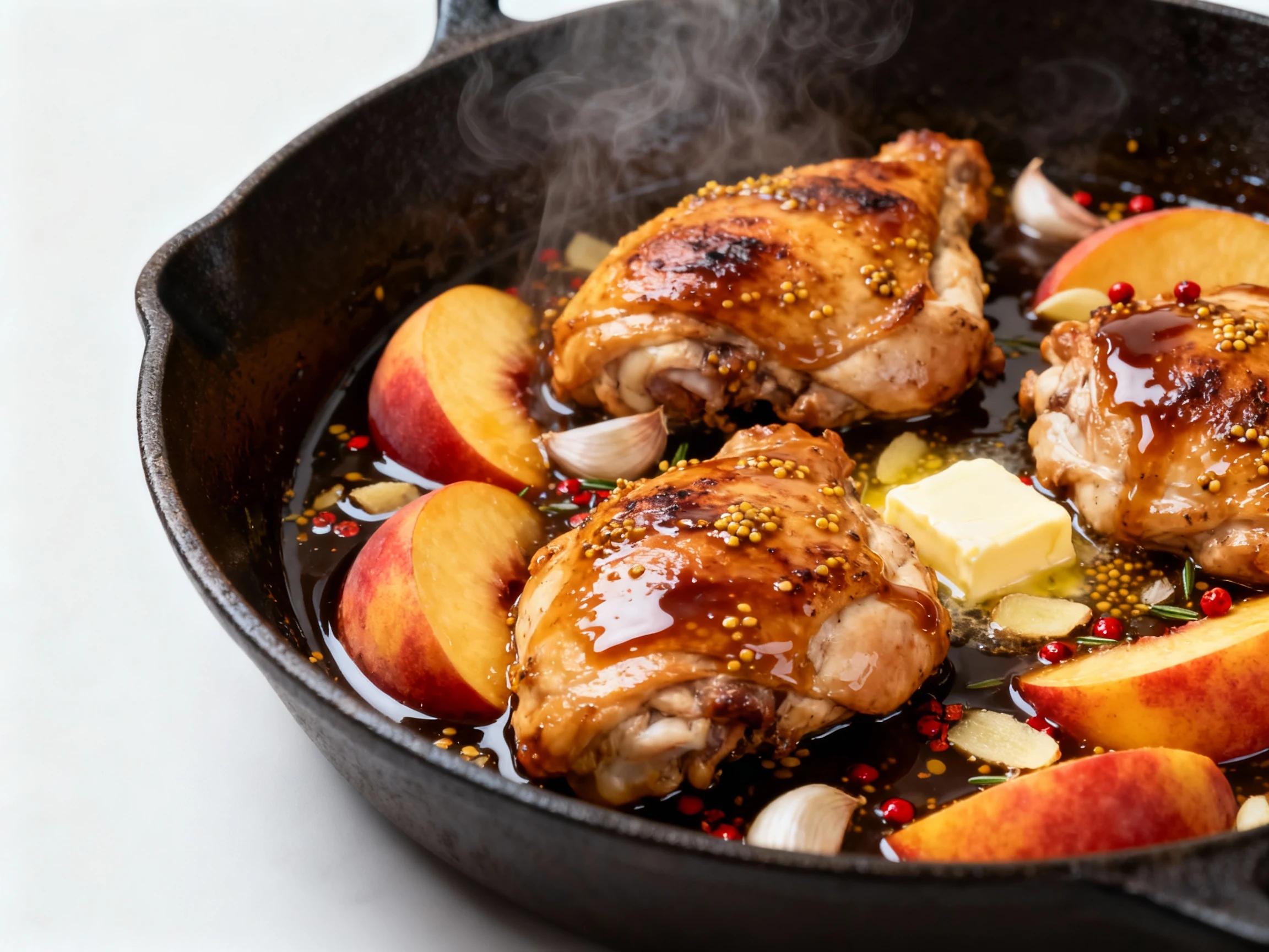 Food photography, Skillet sear and sauce, tight 3/4 close-up: golden-browned chicken thighs in a cast-iron skillet coate