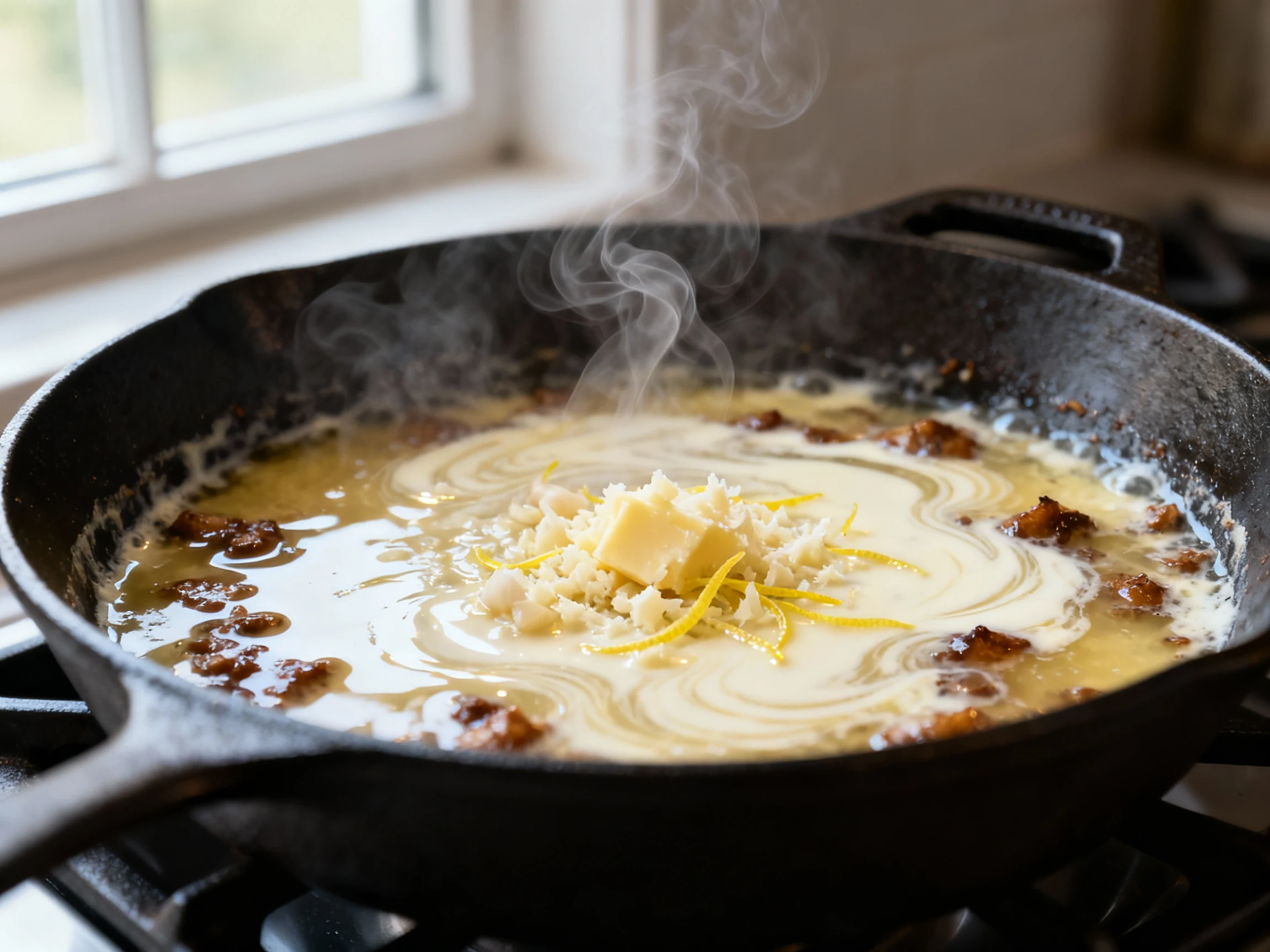 Food photography, Close-up of lemon-garlic cream sauce being built in the skillet: buttered minced garlic shimmering, br