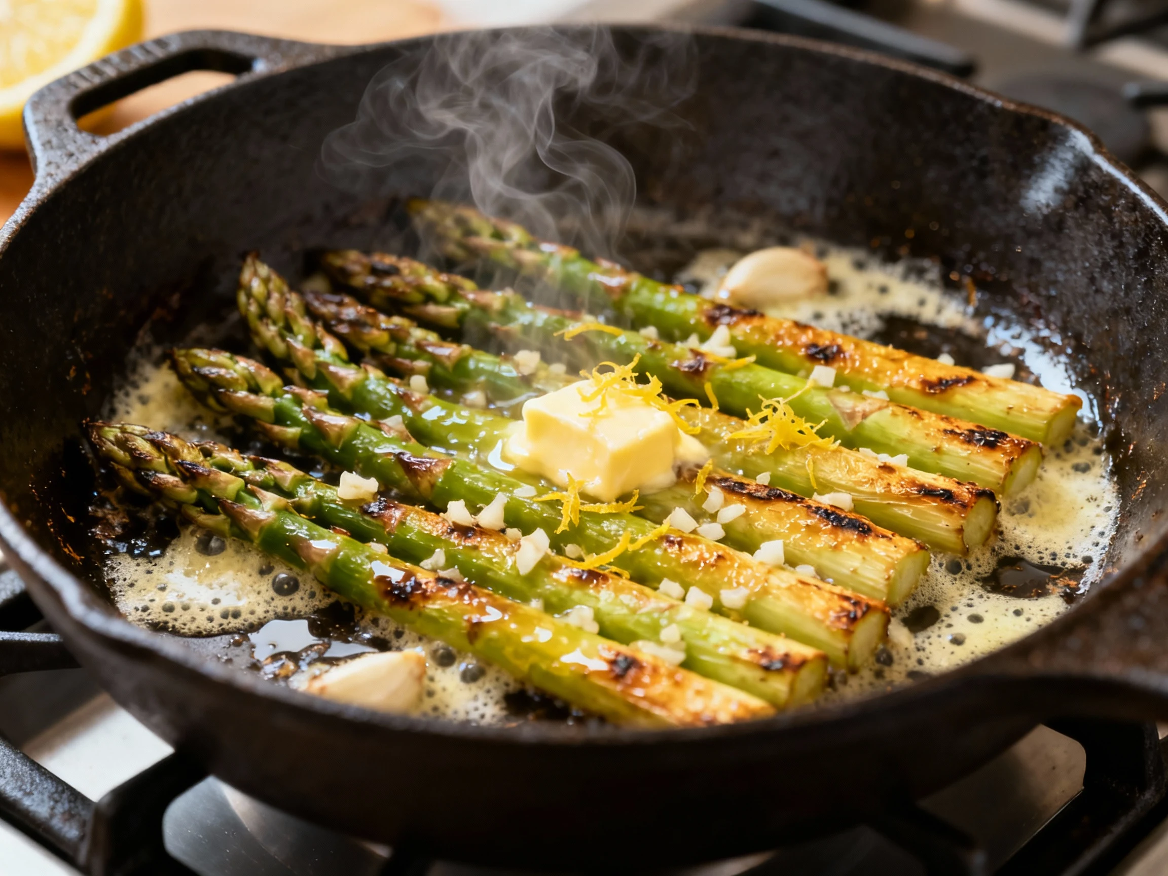 Food photography, Stovetop asparagus blistering in a preheated cast-iron skillet, tips aligned in a single layer; golden
