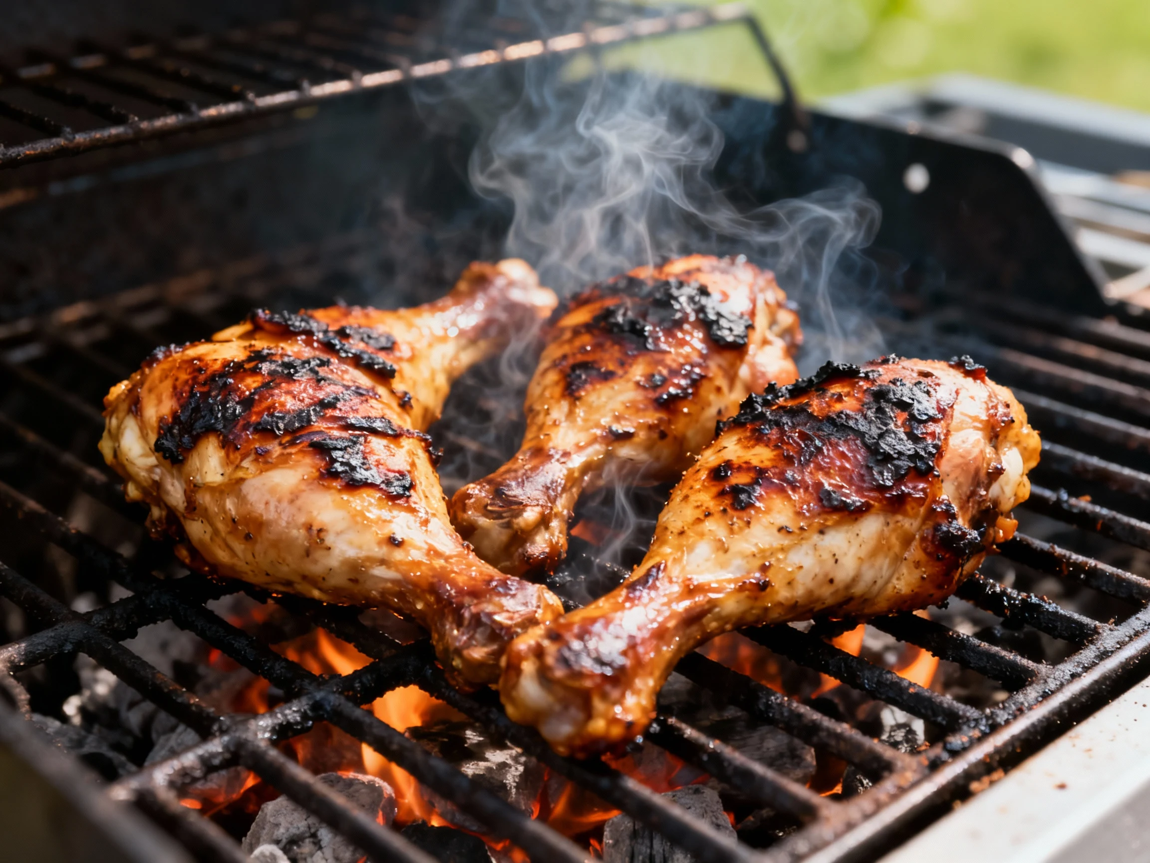 Food photography, Close-up cooking process: chicken drumsticks on a grill over medium-high heat, skin blistered and char