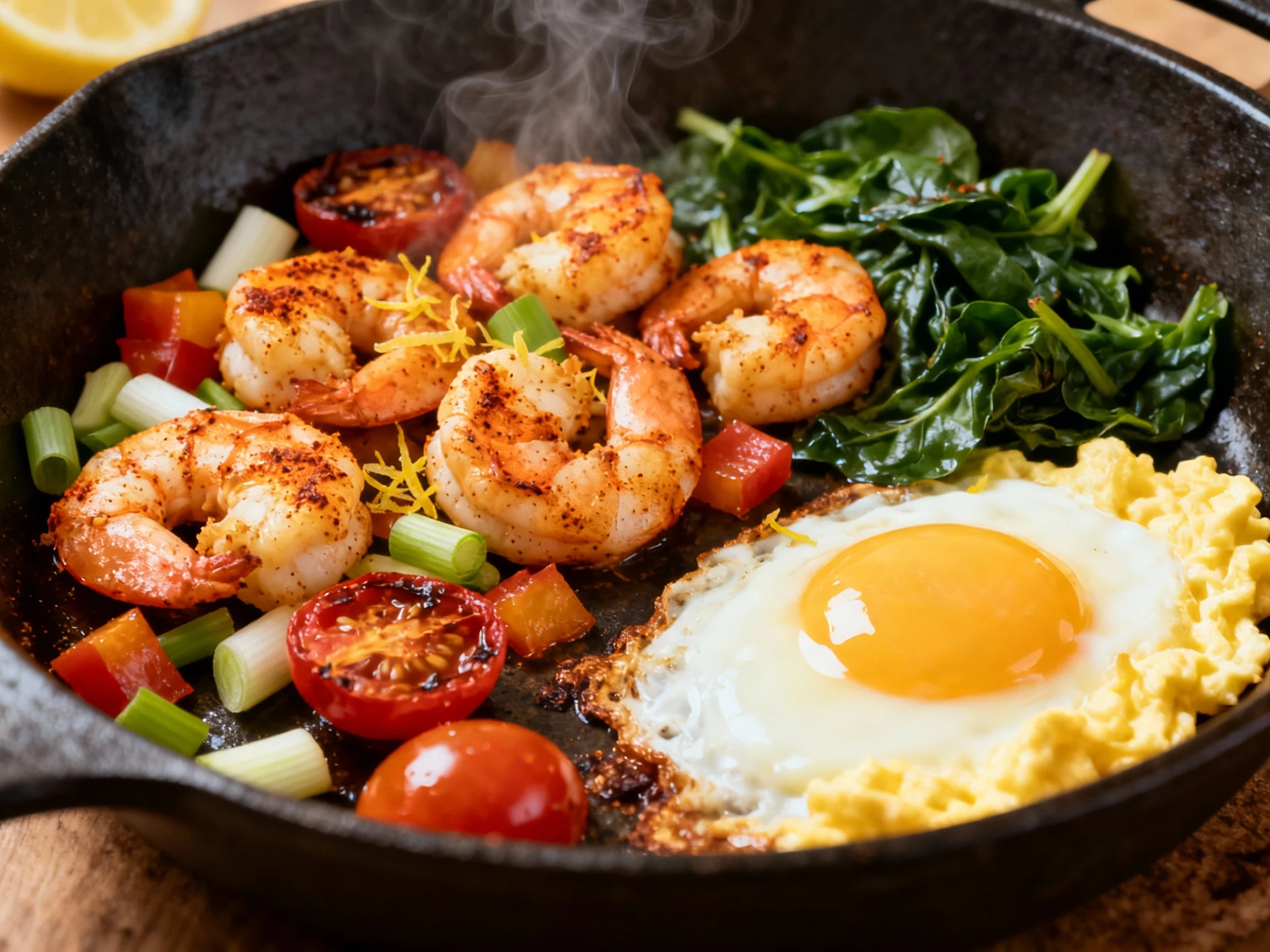 Food photography, Cooking process: golden-seared, smoked-paprika and lemon-zest shrimp with softened scallions, blistere
