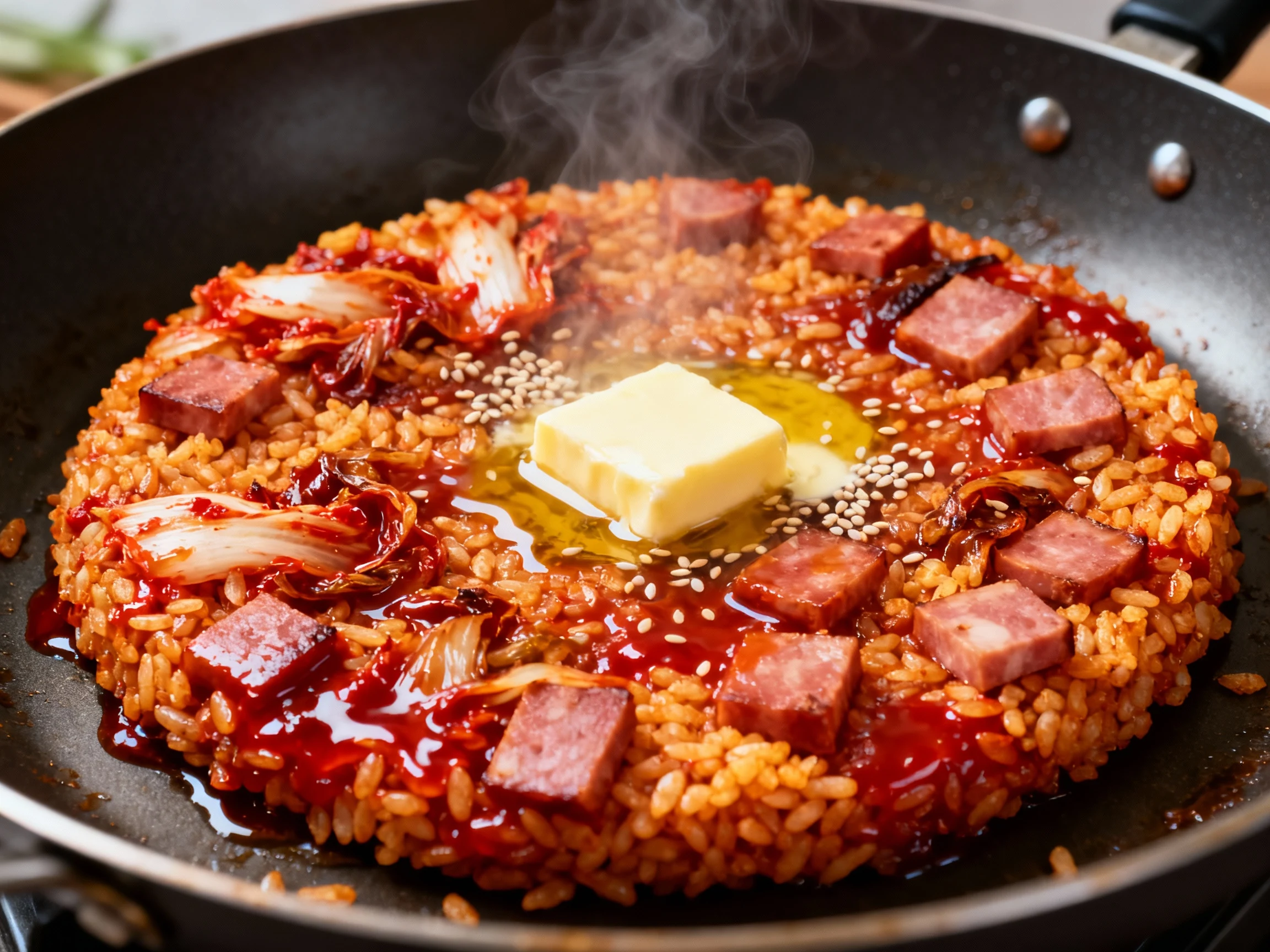 Food photography, Kimchi fried rice being pressed flat in a large skillet over high heat to form golden crispy bits; dee